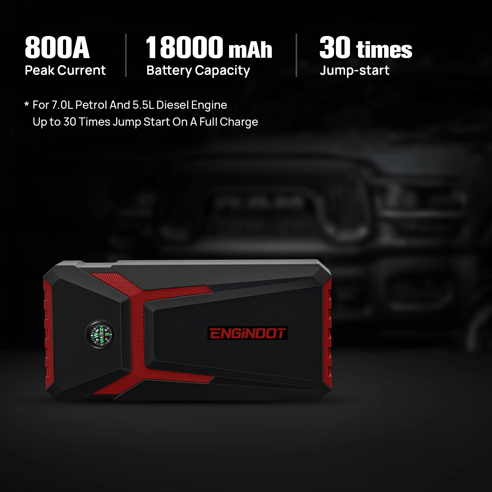 ENGINDOT Jump Starter for up to 7.0L Gas or 5.5L Diesel Engine, 800A Peak 18000mAh 12V Auto Battery Booster with LCD Screen, with USB Quick Charge, Red - Cheap Fitting