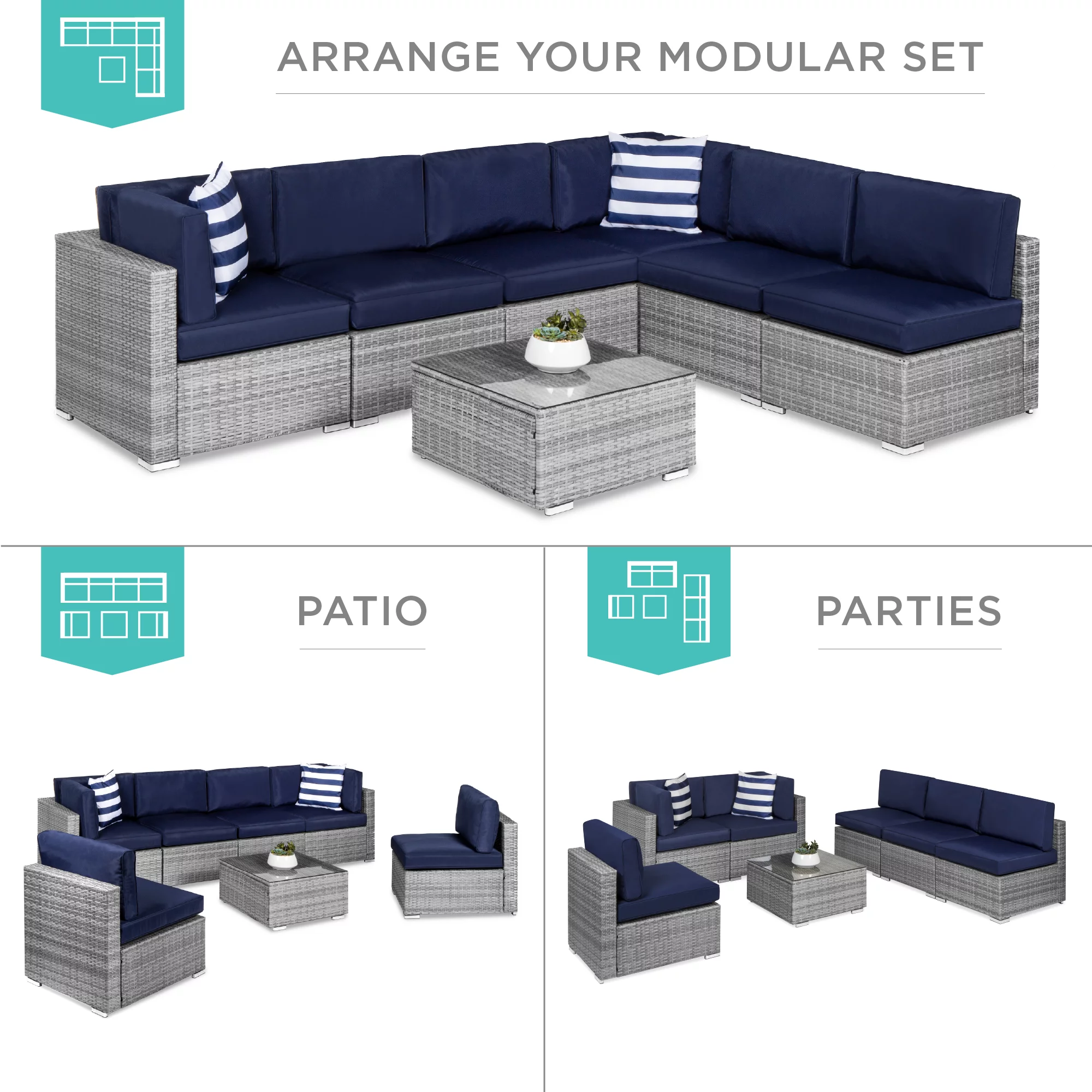 Best Choice Products 7-Piece Outdoor Modular Patio Conversation Furniture, Wicker Sectional Set - Gray/Navy - Cheap Fitting