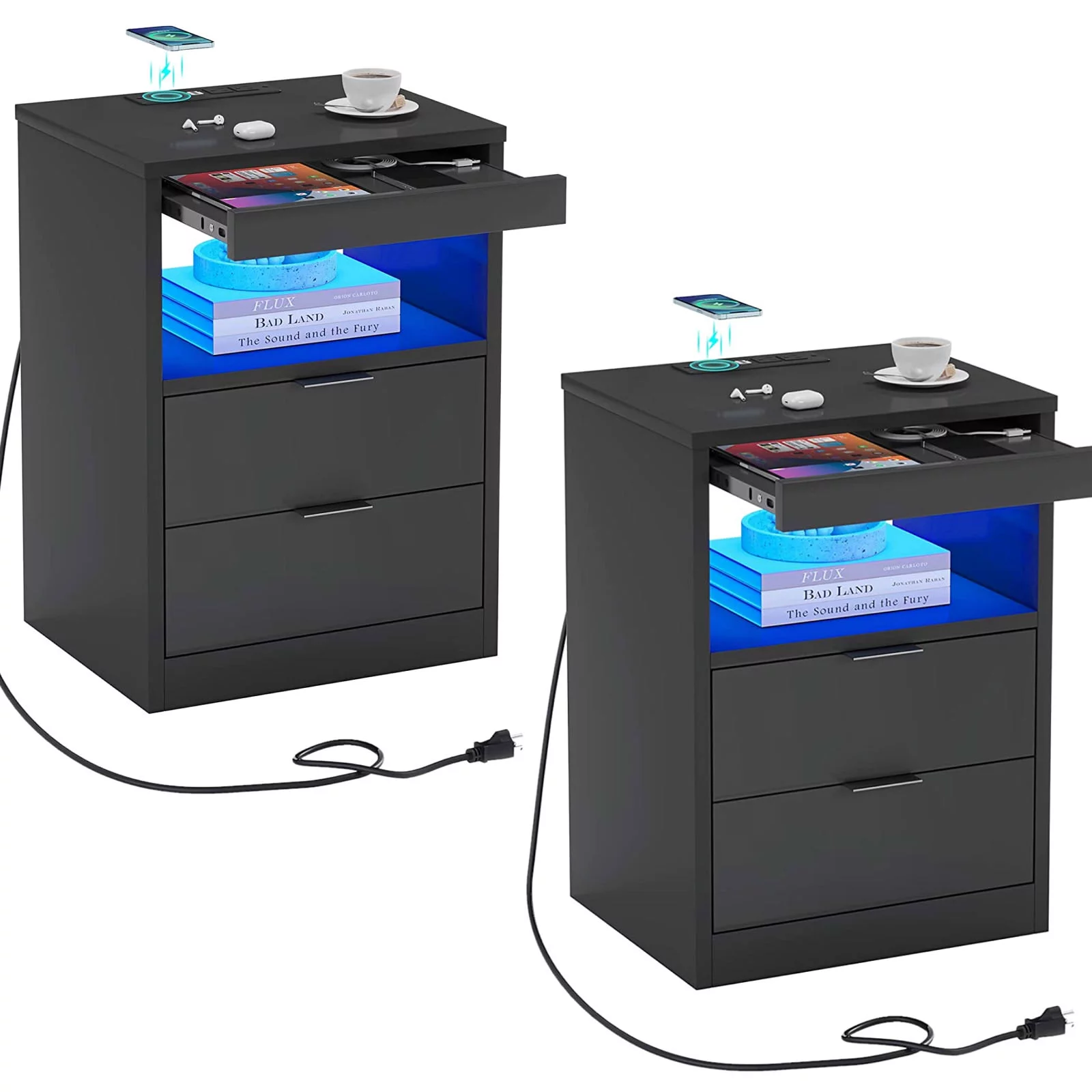 Aunfebrco Set of 2 Black LED Nightstand with Wireless Charging Station & 2 Drawers, Modern End Side Table Bedside Table for Bedroom - Cheap Fitting