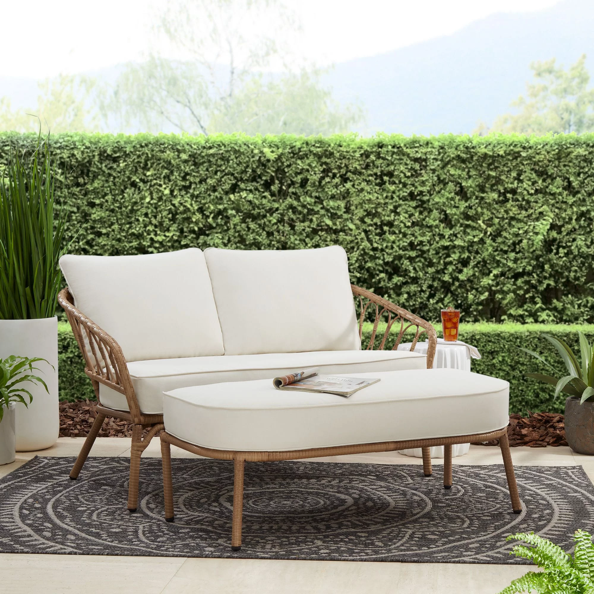 Better Homes & Gardens Willow Sage All-Weather Wicker Outdoor Loveseat and Ottoman Set, Beige - Cheap Fitting