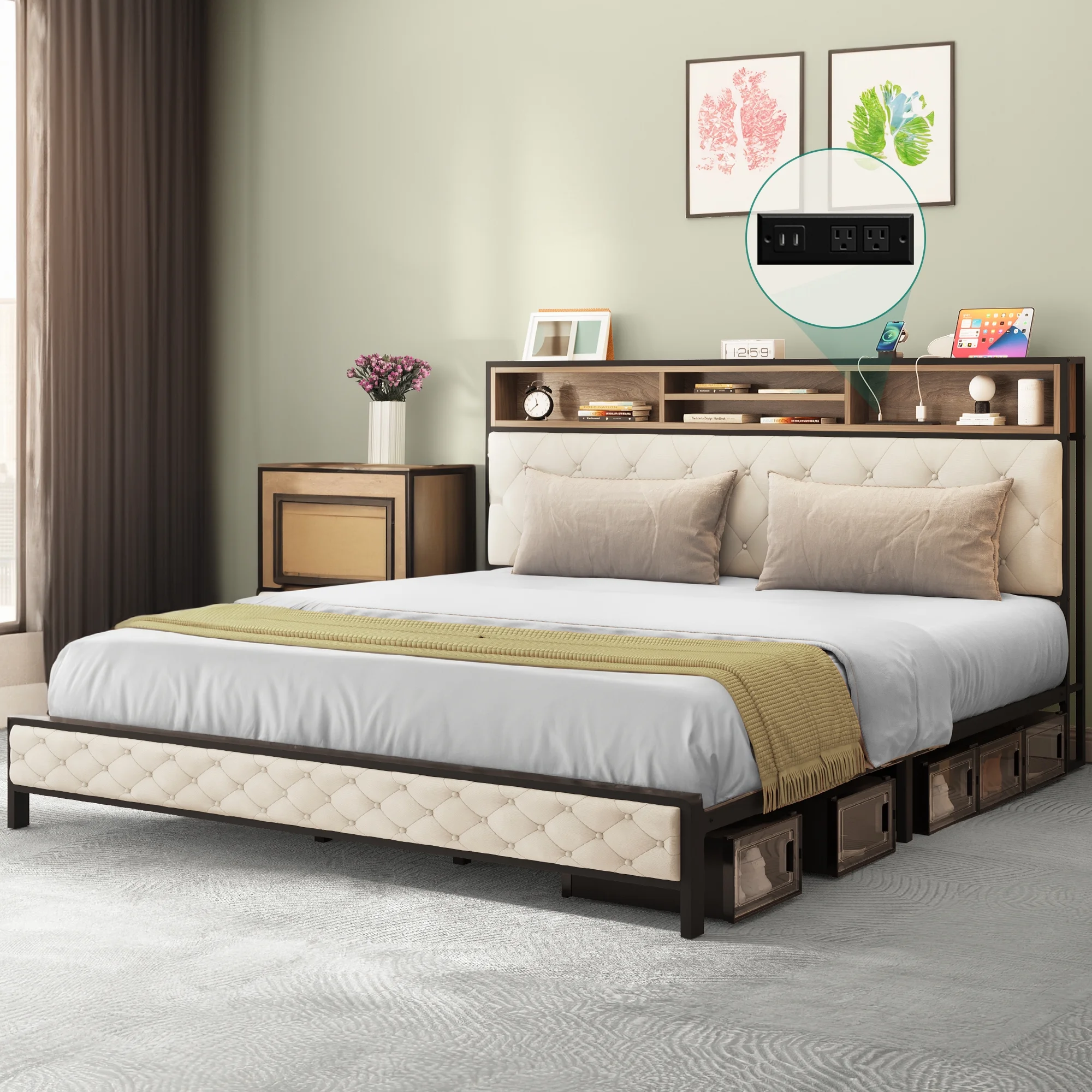 Dextrus Queen Size Bed Frame with Charging Station Footboard Metal Slats, and Storage Headboard, Beige - Cheap Fitting