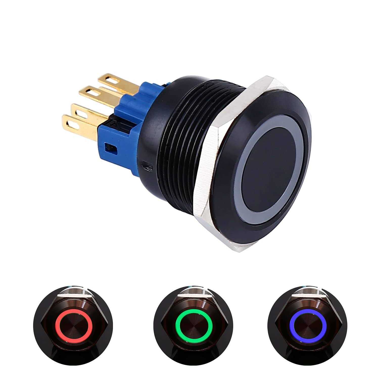 ONPOW 22mm Flat Round,Tri-Color Momentary,Ring LED Illuminated Aluminium Alloy Push Button Switch - Cheap Fitting