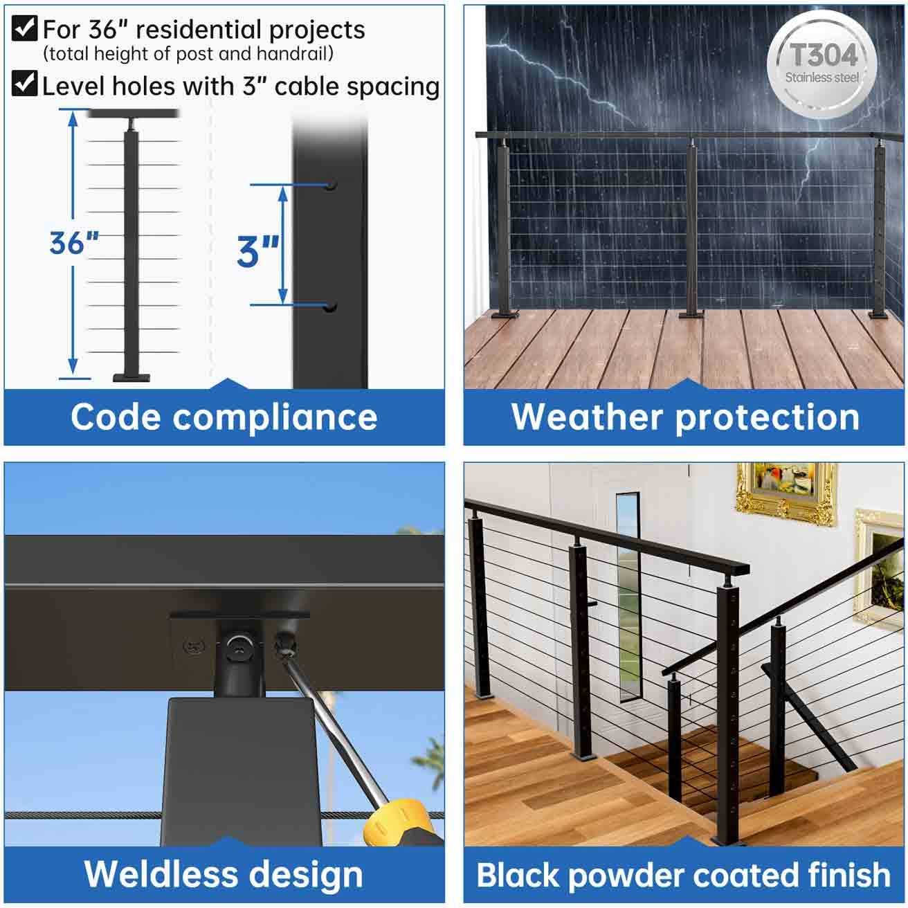 Muzata Level drilled Cable Railing Post 36x2x2 Adjustable Top Stainless Steel - Cheap Fitting