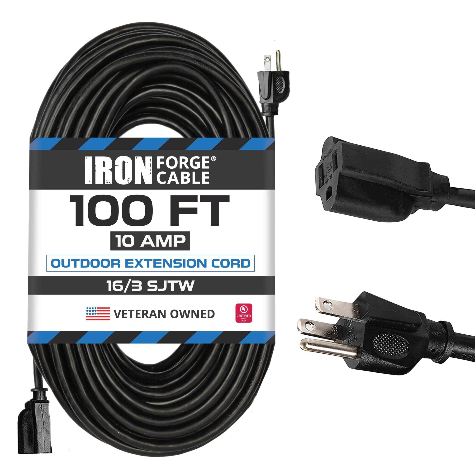 Iron Forge Cable 100 Feet Heavy Duty Extension Cord 16/3 Black 100 Foot Extension Cord Indoor/Outdoor Use - Cheap Fitting