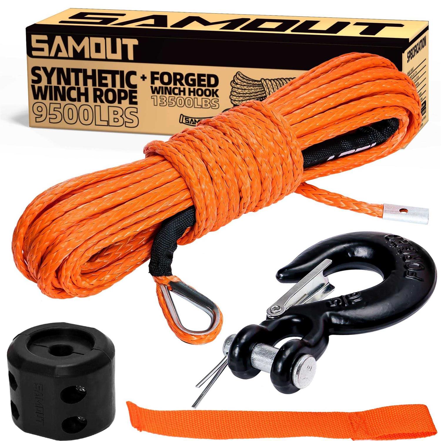 SAMOUT Synthetic Winch Rope Kit 50ft Cable + Forged 13500LBS Winch Hook + Rubber Stopper + Safety Pull Strap - Cheap Fitting