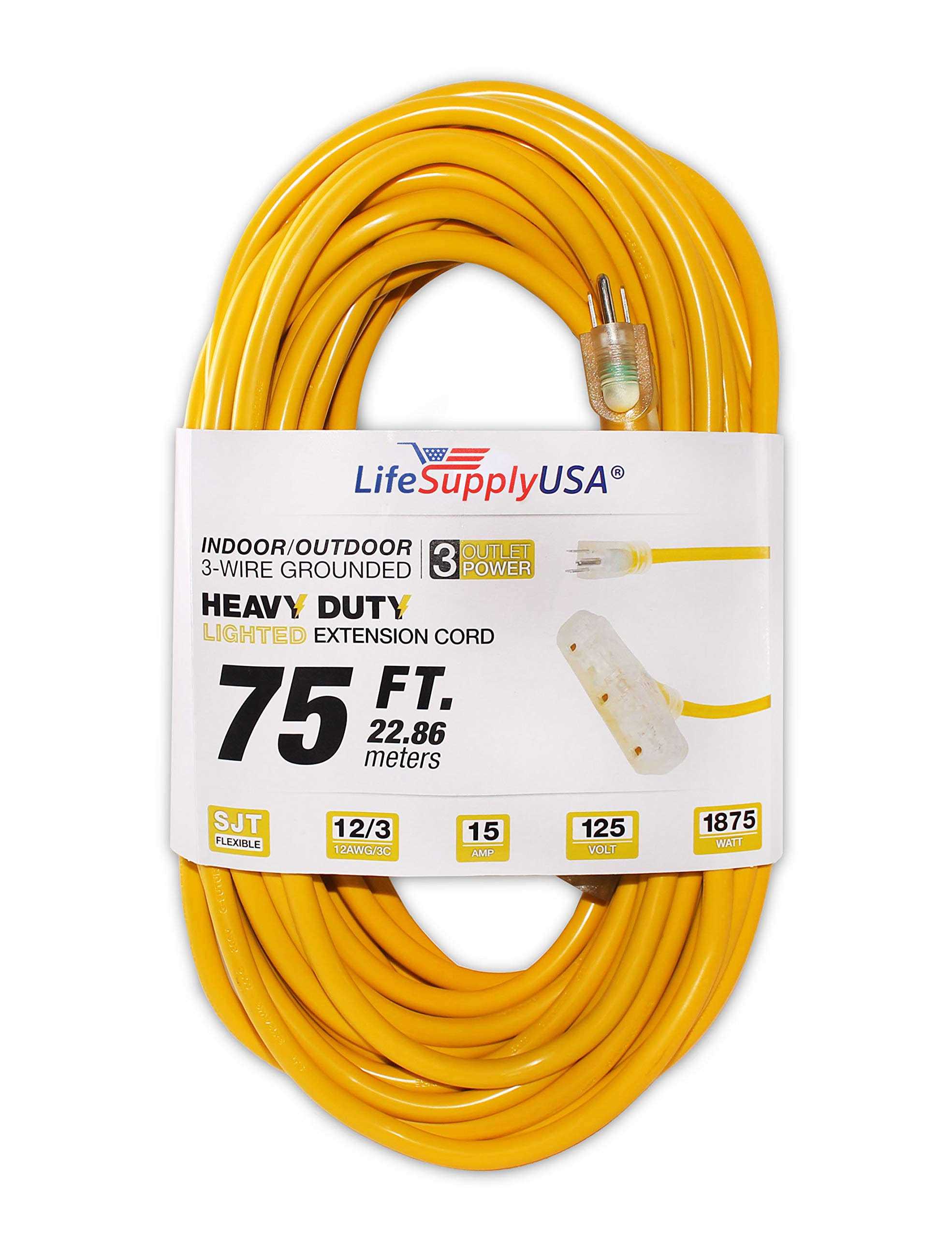 LifeSupplyUSA 75 ft. 12/3 Wire Gauge Tri-Source SJT Indoor Outdoor Vinyl Lighted Electric Extension Cord - Cheap Fitting