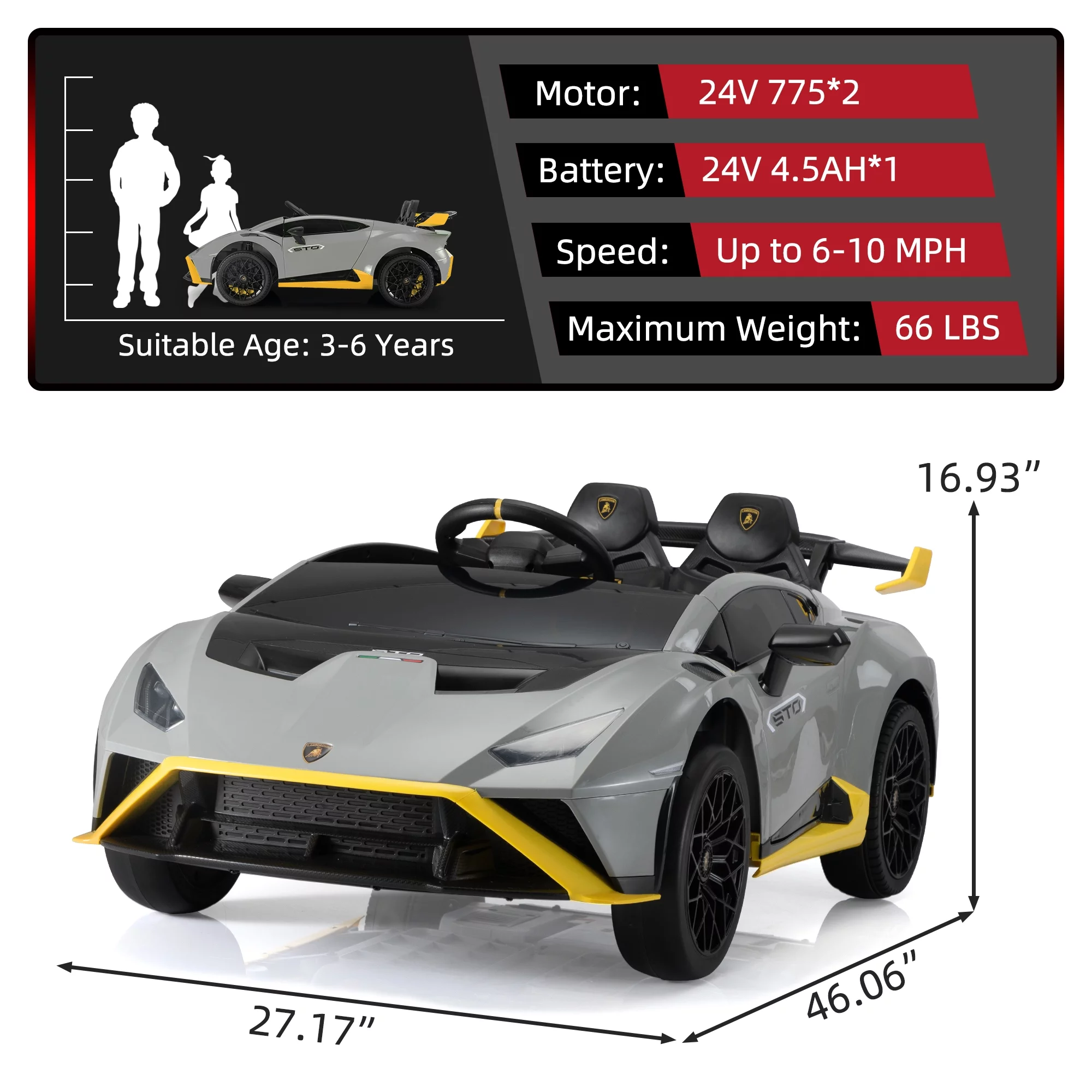 TOBBI 24V Lamborghini STO Licensed Kids Ride on Drift Car Gray Electric Car W/Remote Control LED Lights, up to 10 mph - Cheap Fitting