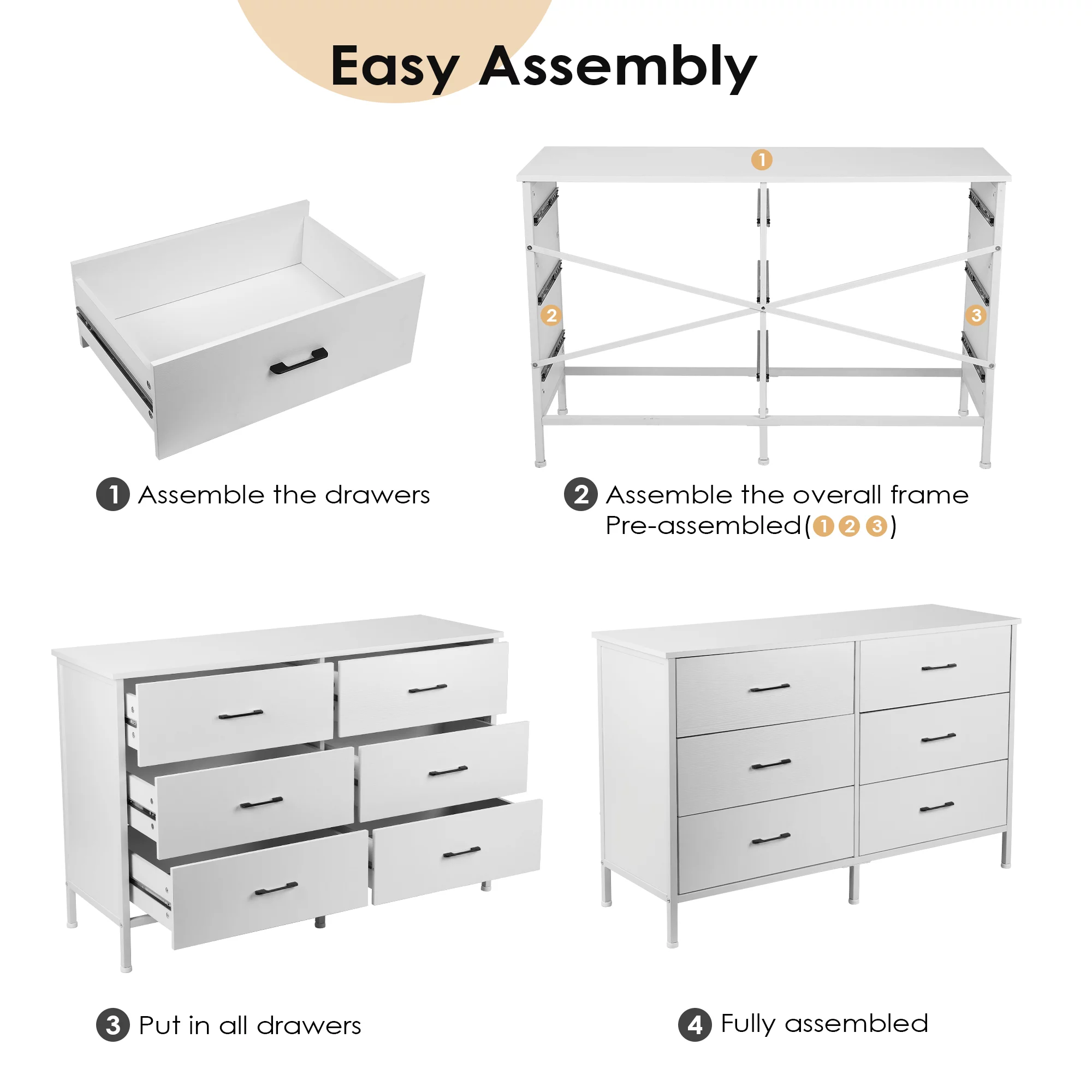 47.3'' Drawer Dresser Chest of 6 Drawers, Storage Dresser Tower for Bedroom, Living Room, Hallway, Nursery, White Storage Cabinet Wooden Dresser with Steel Frame, White - Cheap Fitting