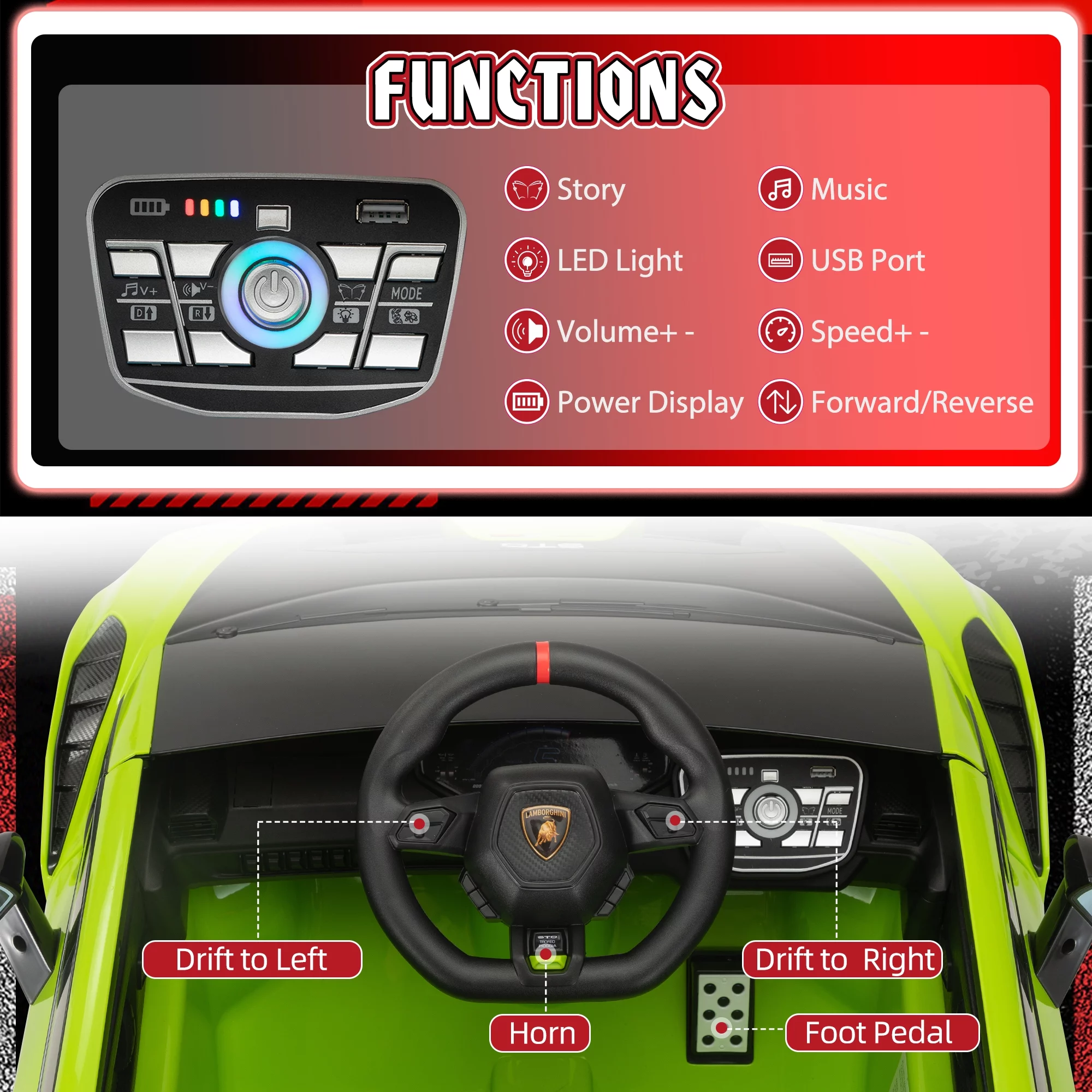 TOBBI 24V Lamborghini STO Licensed Kids Ride on Drift Car Gray Electric Car W/Remote Control LED Lights, up to 10 mph - Cheap Fitting