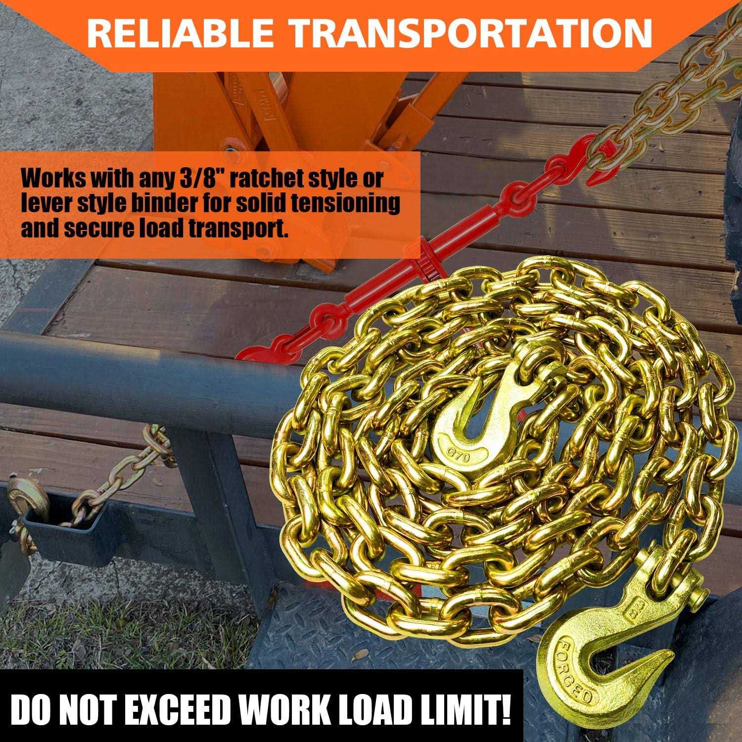 YATOINTO G80 Binder/Safety Chain 5/16 Inch x 10 Foot Transport Binder Chain with Clevis Grab Hooks 4,900 lbs Safe Working Load Logging Chain - Cheap Fitting