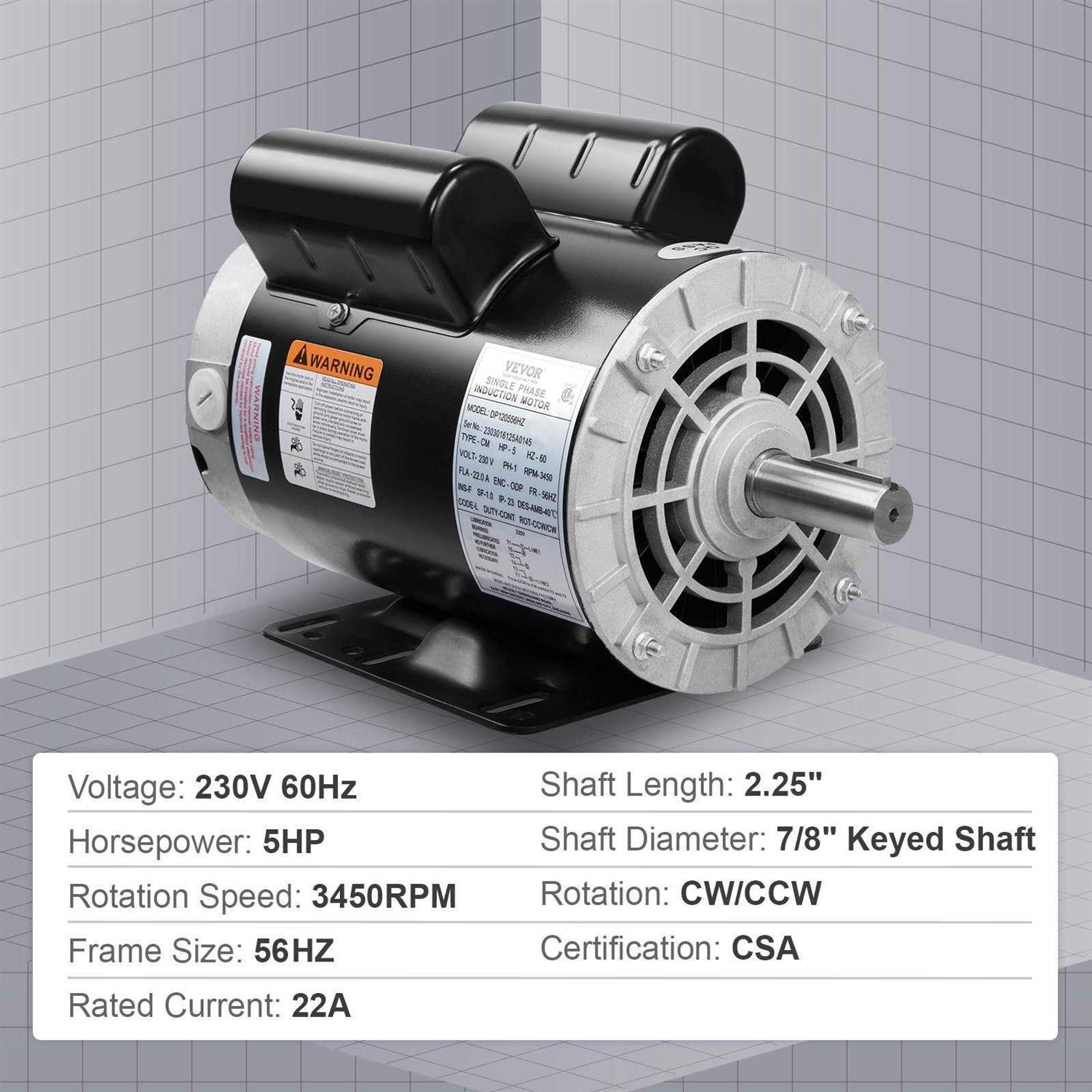 VEVOR 5HP Air Compressor Motor 3450 RPM Single Phase Electric Motor 7/8 in. Keyed shaft 230V FLA 22A 56 Frame CW/CCW Rotation DXKYJDJTODP5HWZ57V7 - Cheap Fitting