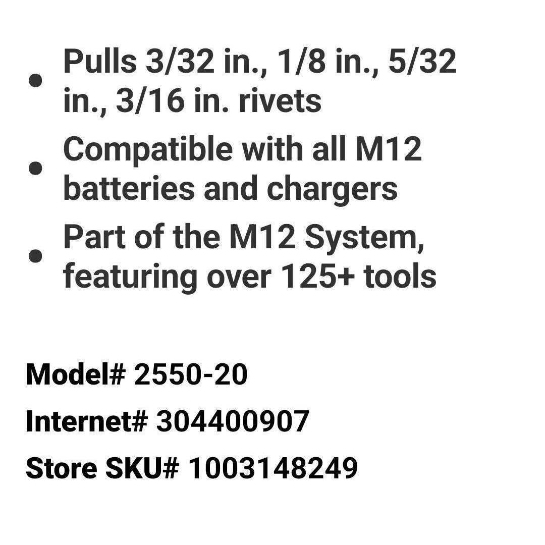Milwaukee M12 Rivet Tool 2550-20 - Cheap Fitting
