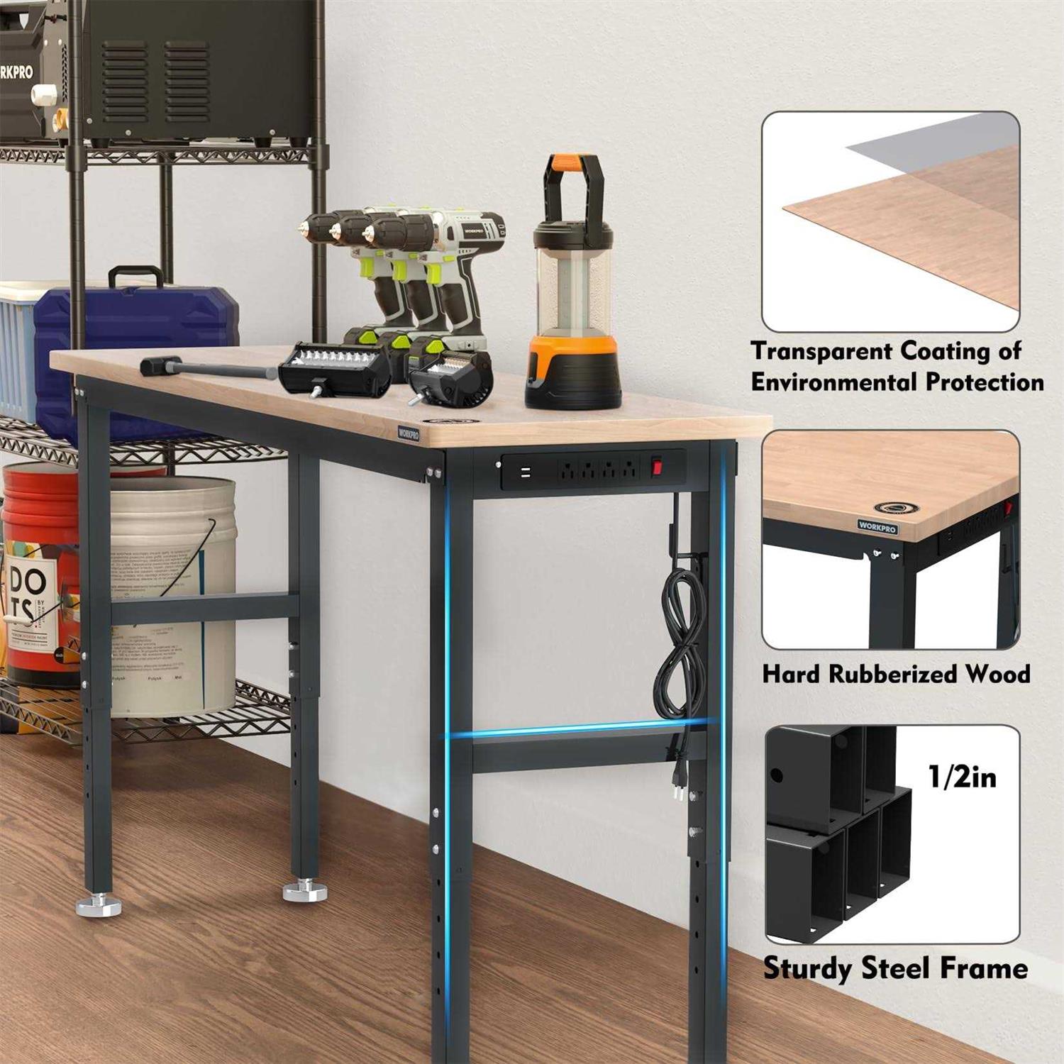 WORKPRO 72 Adjustable Workbench 3000 LBS Load Capacity Hardwood Garage Workbench with Power Outlets - Cheap Fitting
