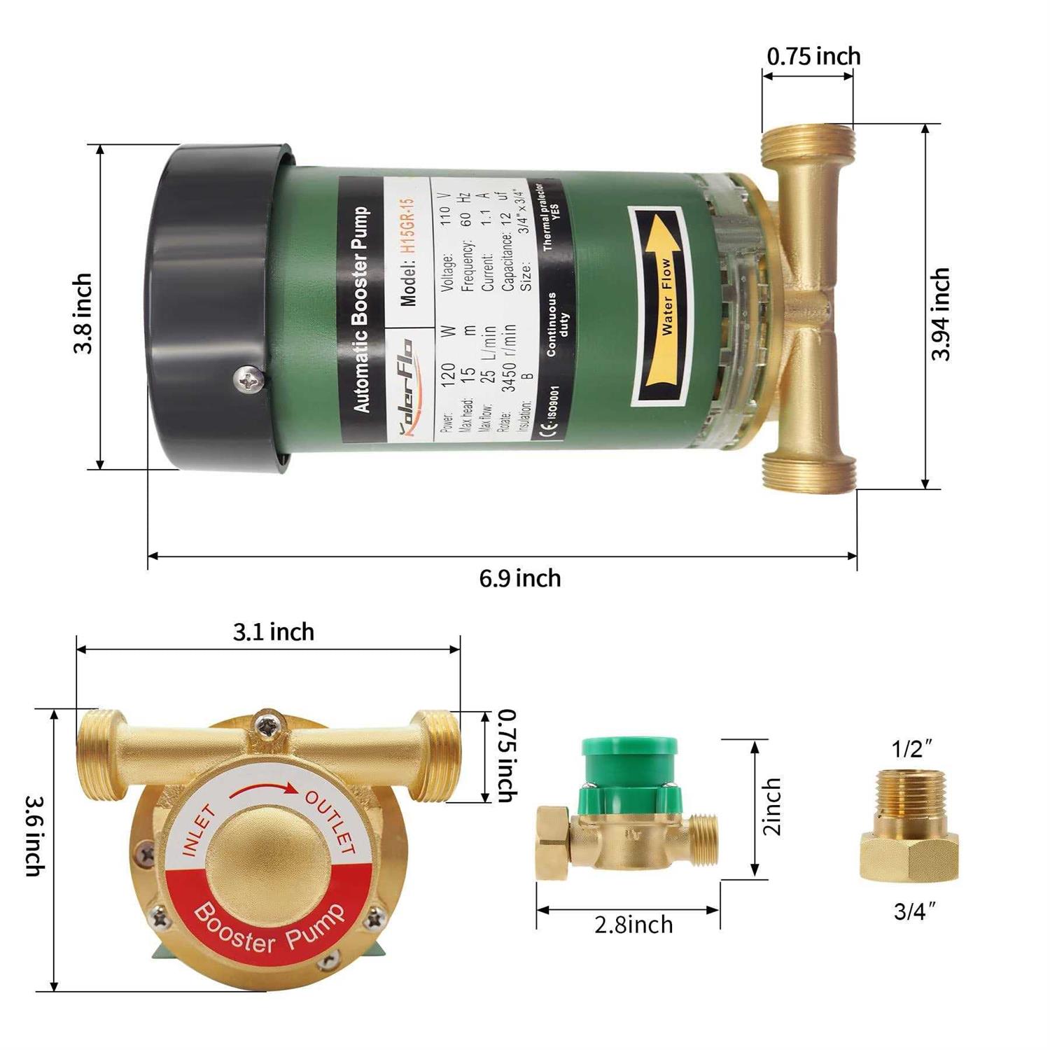 KOLERFLO 120W Water Pressure Booster Pump 115VAC,396 GPH,21.7 PSI Household Automatic Home Booster Pump with Water Flow Switch for Home Kitchen - Cheap Fitting