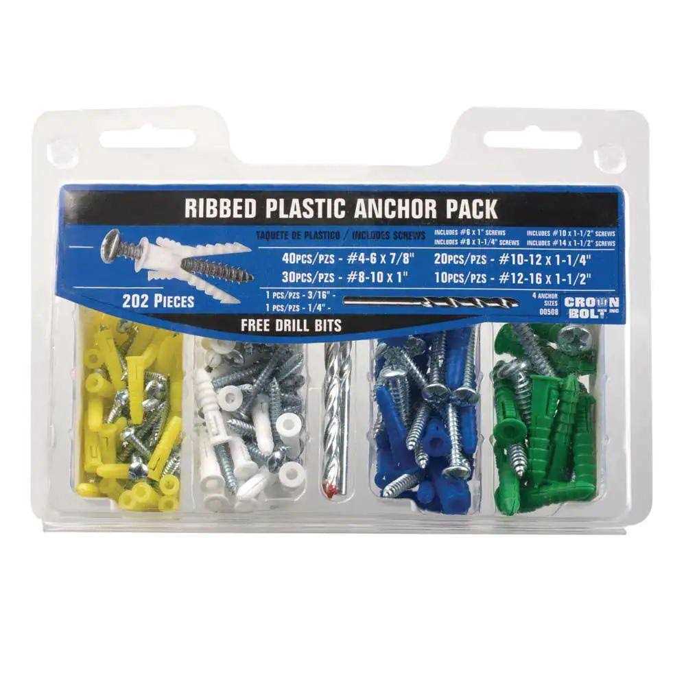 Everbilt 202-Piece #4-#16 x 7/8 in. x 1-1/2 in. Plastic Ribbed Anchor Pack with Screw - Cheap Fitting