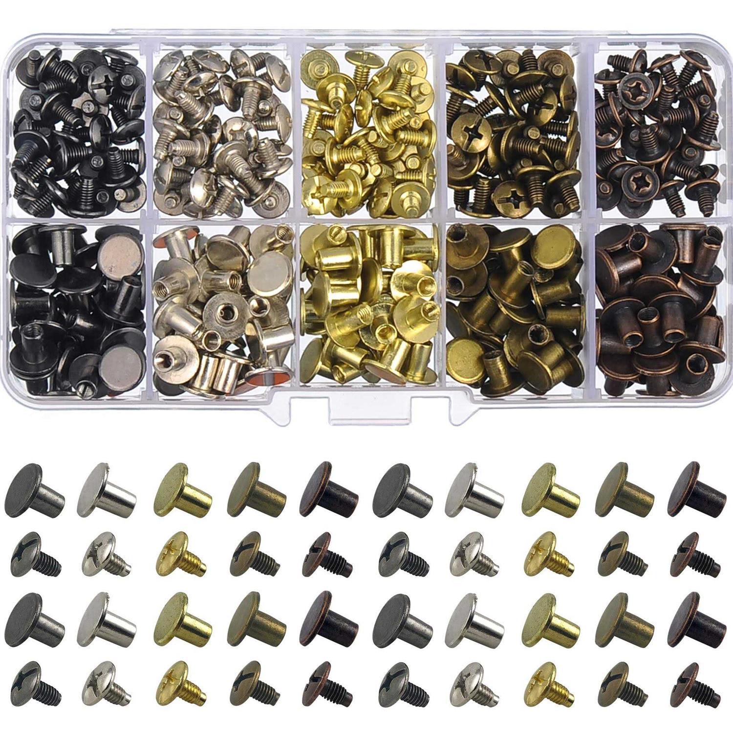 WORDS BURST 150 Sets Round Flat Head Chicago Screws Buttons Metal Studs Rivets Screwback Spots Metal Nail Rivet Studs for Leather Crafting 5/16 Inch - Cheap Fitting