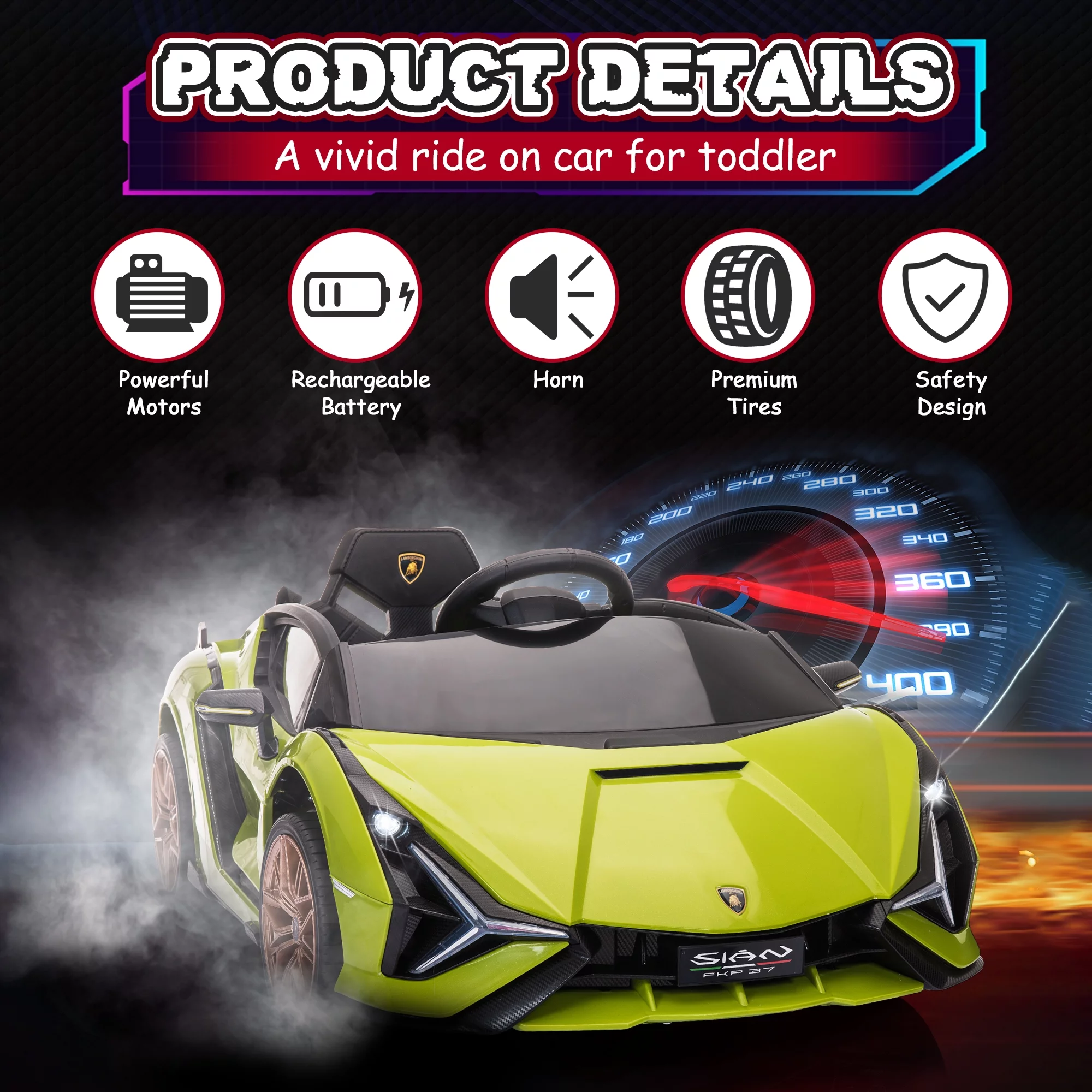TOBBI 24V Lamborghini STO Licensed Kids Ride on Drift Car Gray Electric Car W/Remote Control LED Lights, up to 10 mph - Cheap Fitting