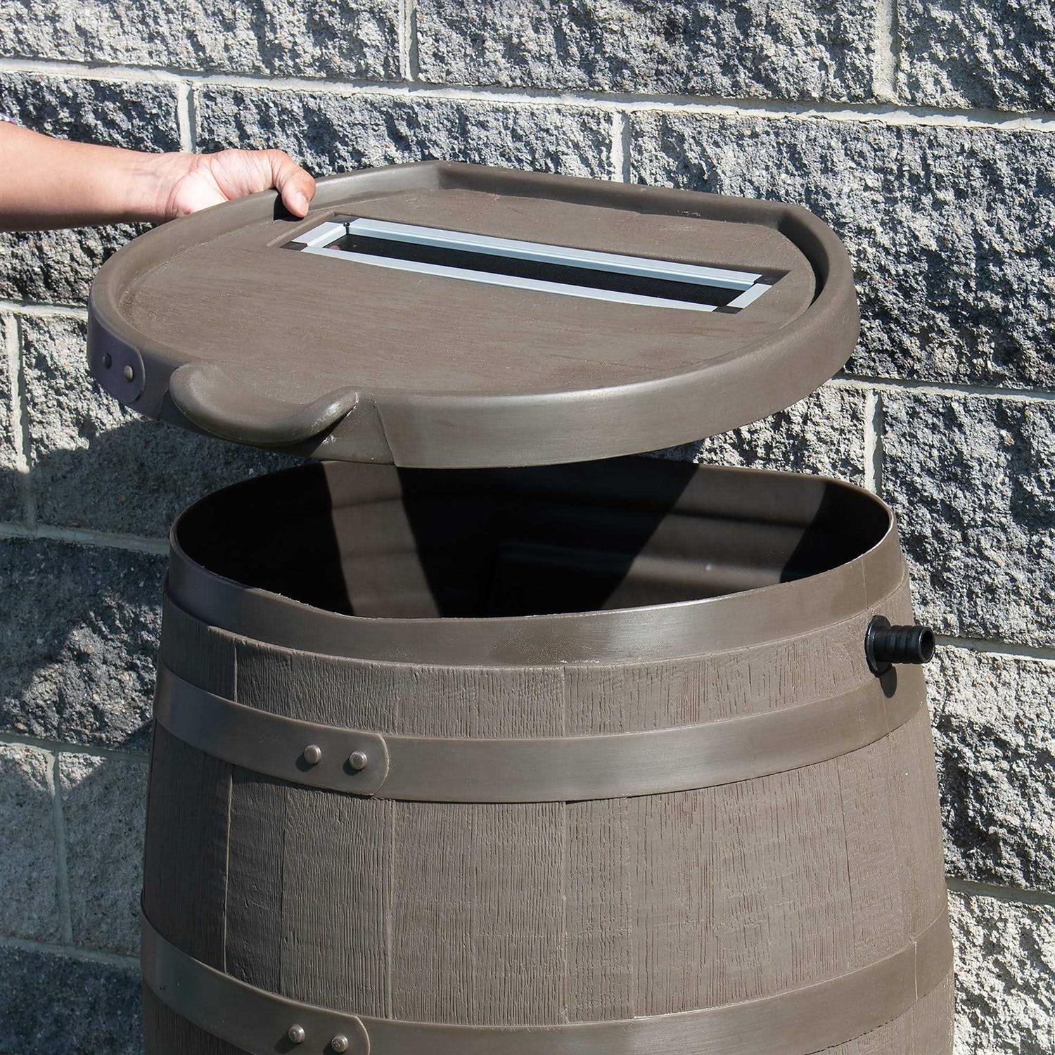 RTS Home Accents Polyethylene 55 Gallon Premium Flat Back Eco Rain Barrel with Removable Lid 551400300A8081 - Cheap Fitting