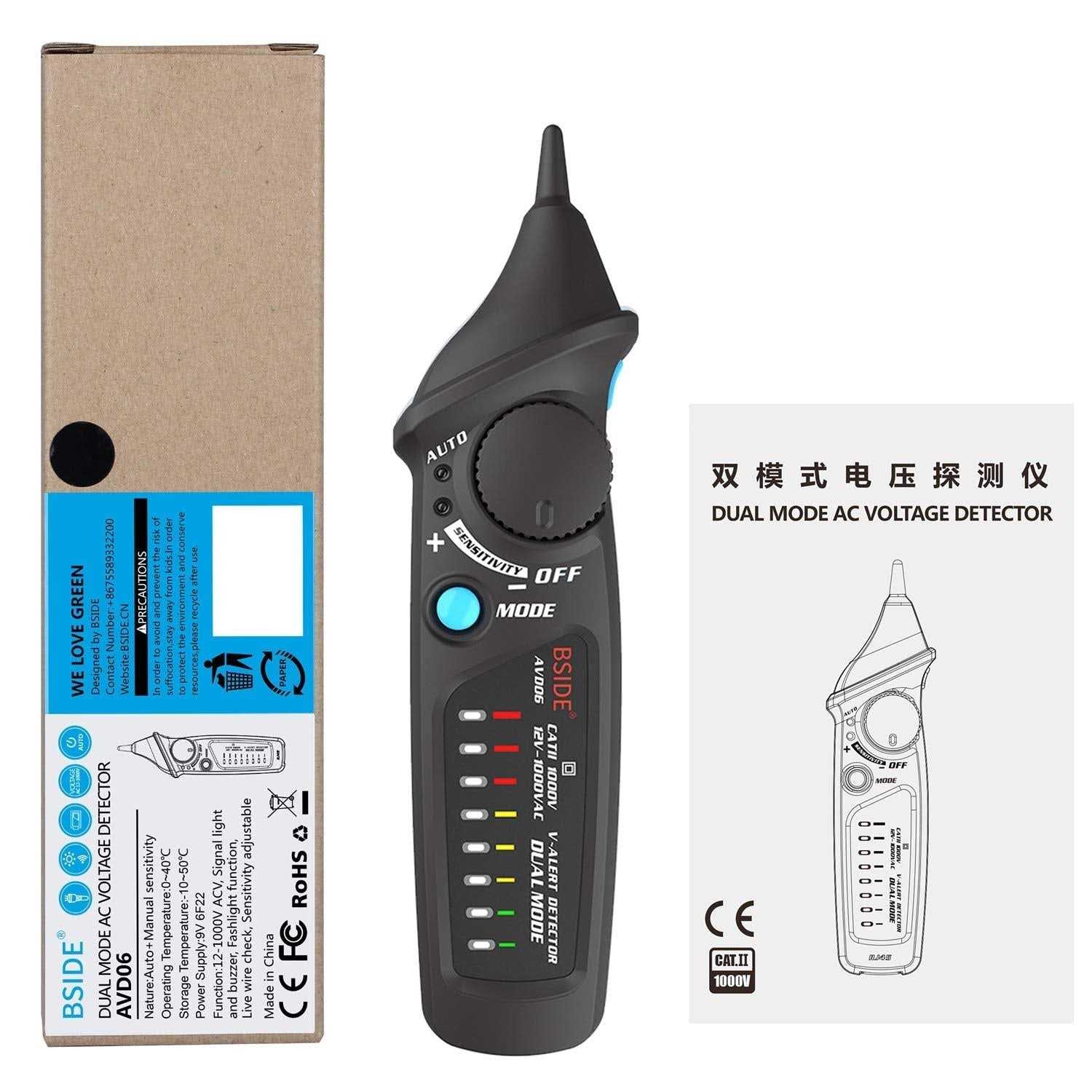 Bside AVD06 Non-Contact Voltage Detector Electric Power Socket Outlet AC Voltage Tester Pen 12-1000V Auto/Manual Mode Adjustable Sensitivity NCV - Cheap Fitting
