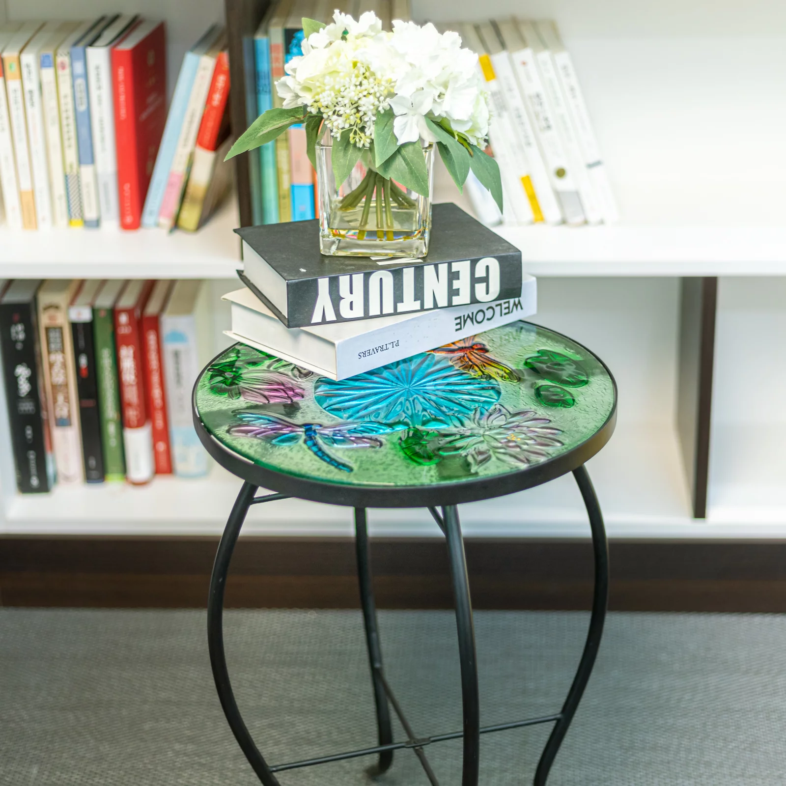 Wonder Garden Outdoor Side Table for Garden, Indoor Small Accent Coffee Table Plant Stand Round Glass Table for Balcony, Lawn, Patio, Dragonfly - Cheap Fitting