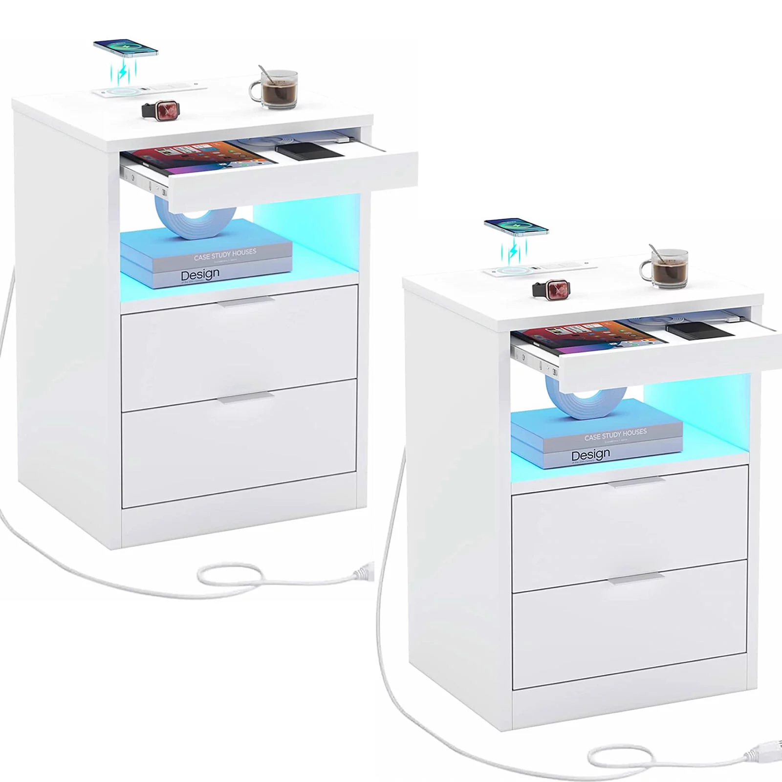 Aunfebrco Set of 2 Black LED Nightstand with Wireless Charging Station & 2 Drawers, Modern End Side Table Bedside Table for Bedroom - Cheap Fitting