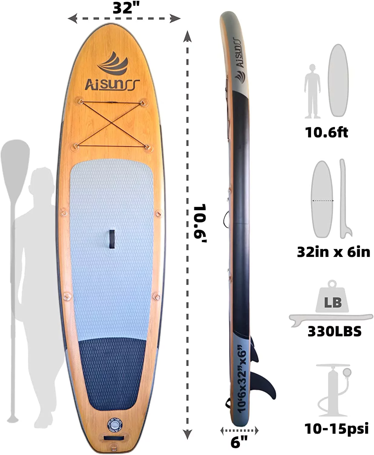 AISUNSS Inflatable Stand up Paddle Board, 10.6Ft Premium SUP Board with All Accessories - Cheap Fitting
