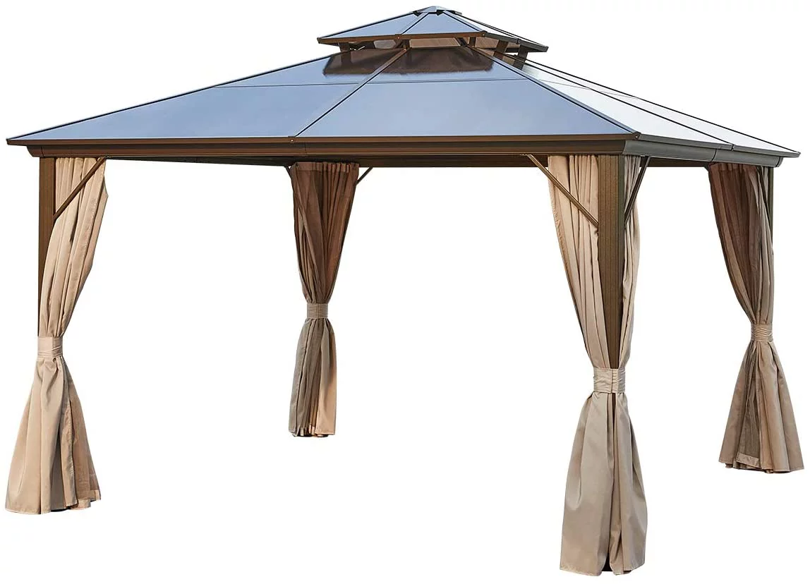 Yoleny 12'x16' Outdoor Polycarbonate Double Roof Hardtop 12 ft Gazebo Canopy, Brown - Cheap Fitting