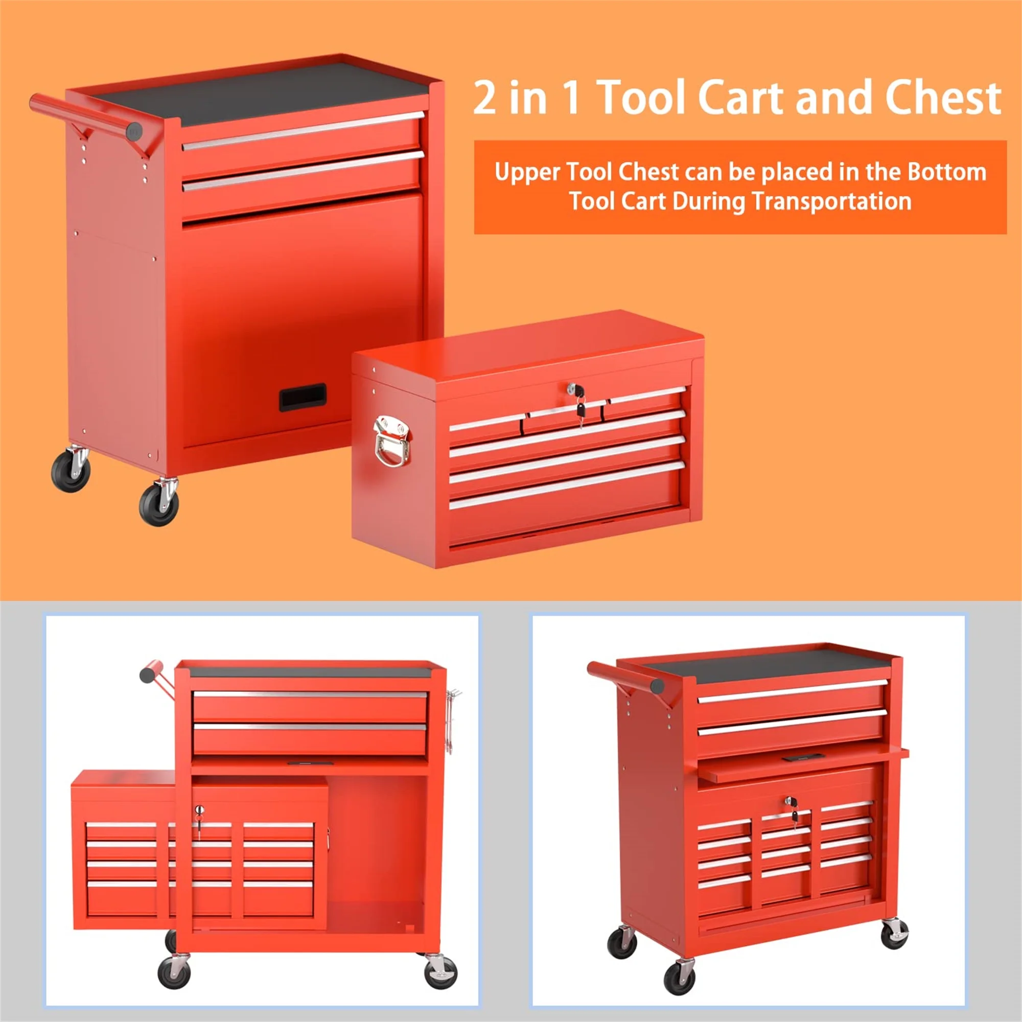 Aukfa Tool Chest, 2 in 1 Steel Rolling Tool Box & Cabinet On Wheels for Garage, 8-Drawer, Blue - Cheap Fitting