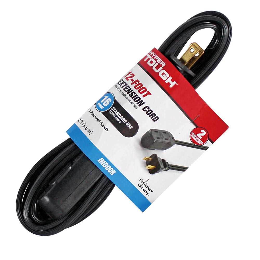 Hyper Tough 12ft 16AWG 2 Prong Black Indoor Household Extension Cord - Cheap Fitting