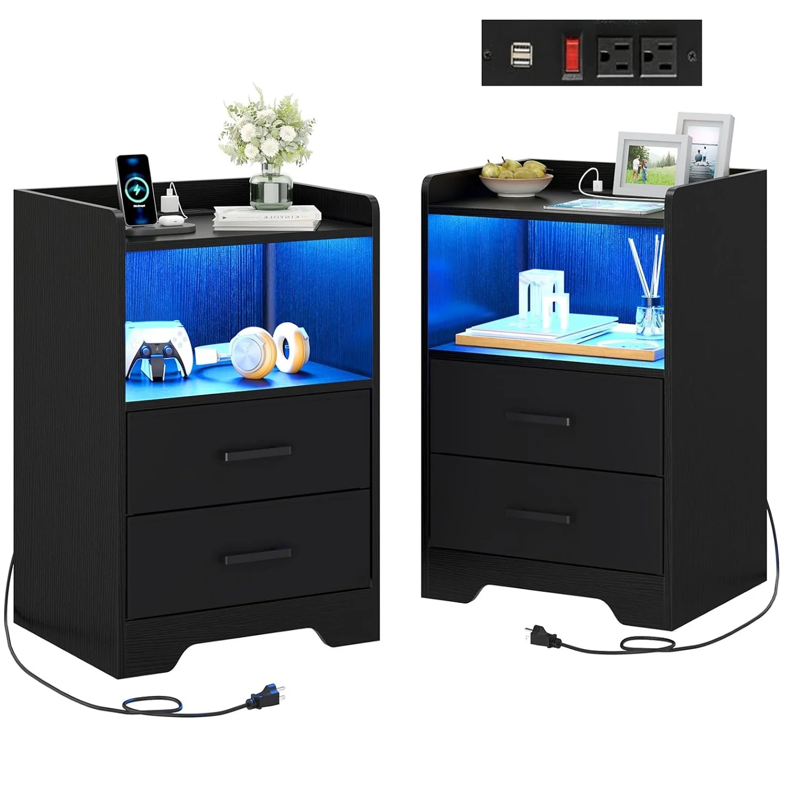 Black Nightstand Set of 2 with Outlets&USB Ports&LED Lights Modern Bedside Table Storage Cabinet with 2 Fabric Drawers for Bedroom - Cheap Fitting