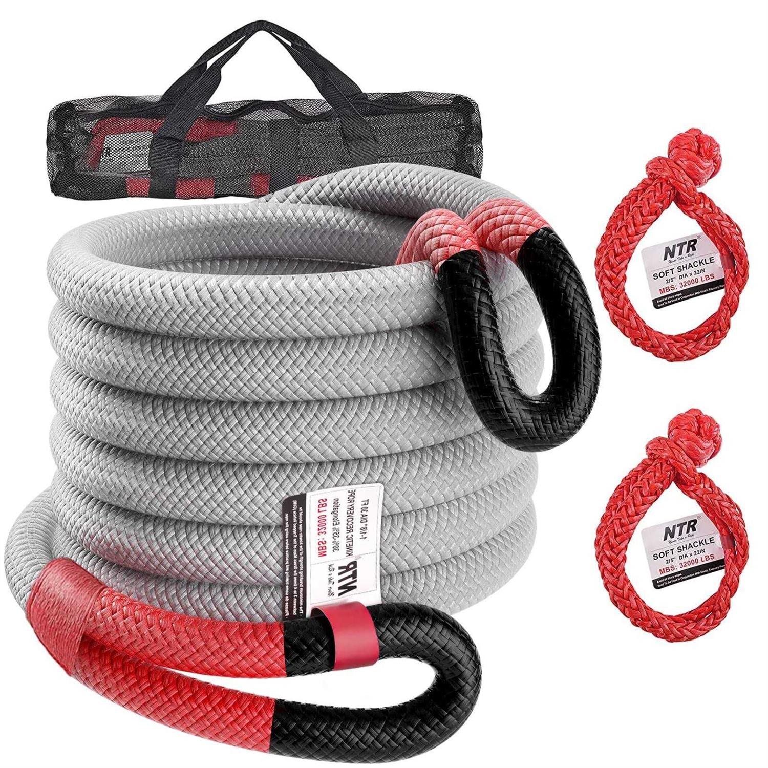 NTR 1-1/8 x 30′ Kinetic Recovery Tow Rope with 2 UHMWPE Soft Shackles - Cheap Fitting