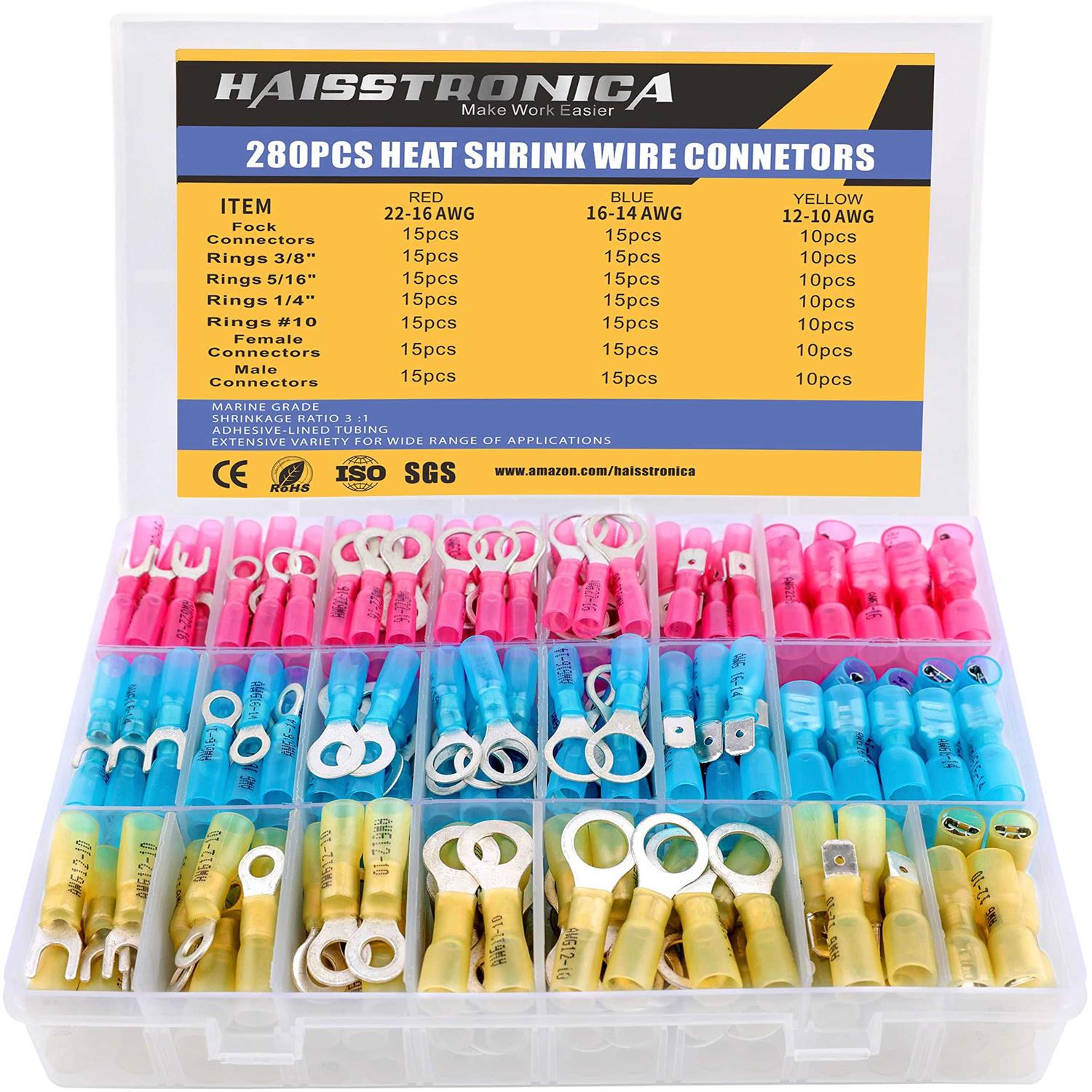 haisstronica 280PCS Marine Grade Heat Shrink Wire Connectors-Electrical Connectors Kit of Tinned Red Copper,Crimp Insulated Ring Fork Spade Butt - Cheap Fitting