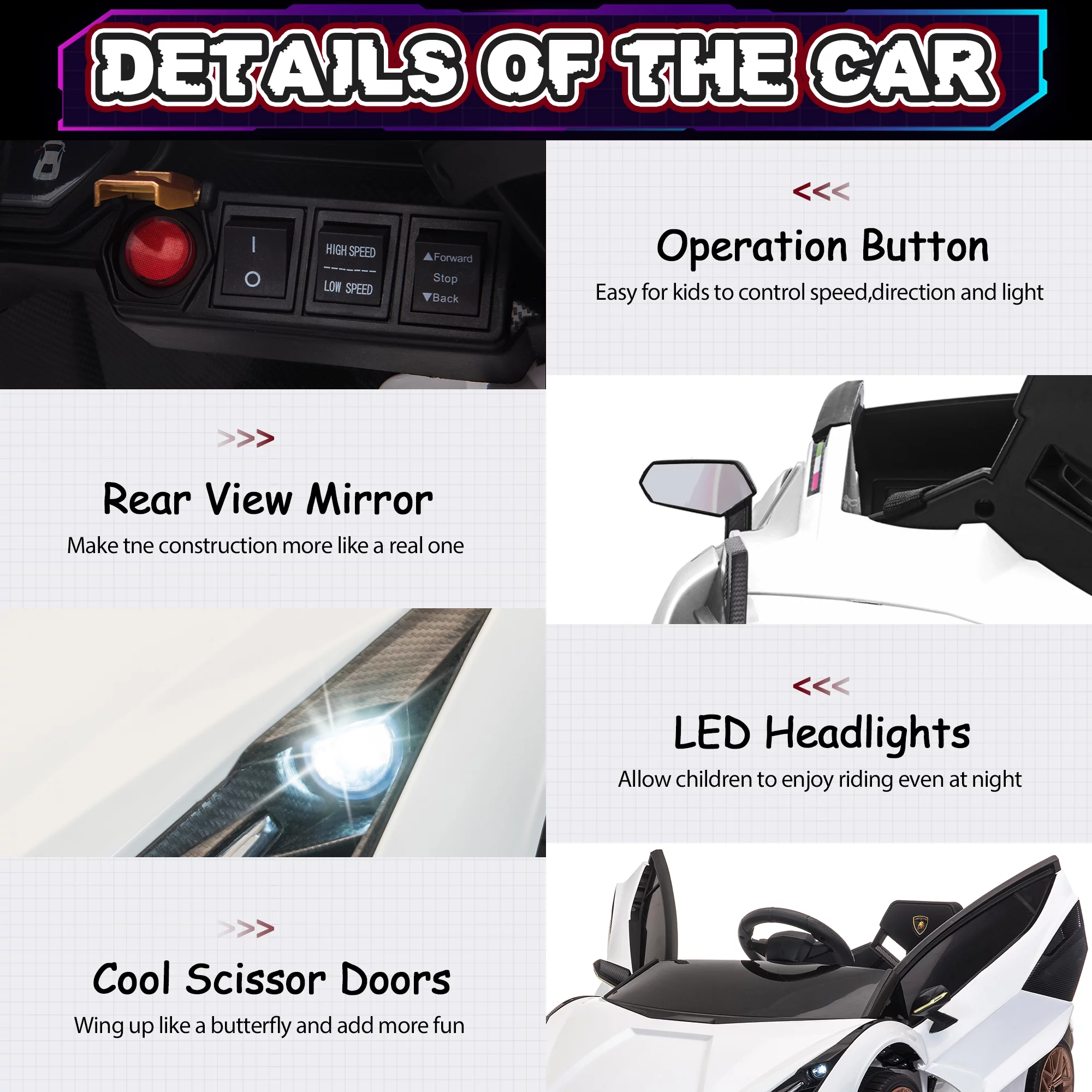 TOBBI 24V Lamborghini STO Licensed Kids Ride on Drift Car Gray Electric Car W/Remote Control LED Lights, up to 10 mph - Cheap Fitting