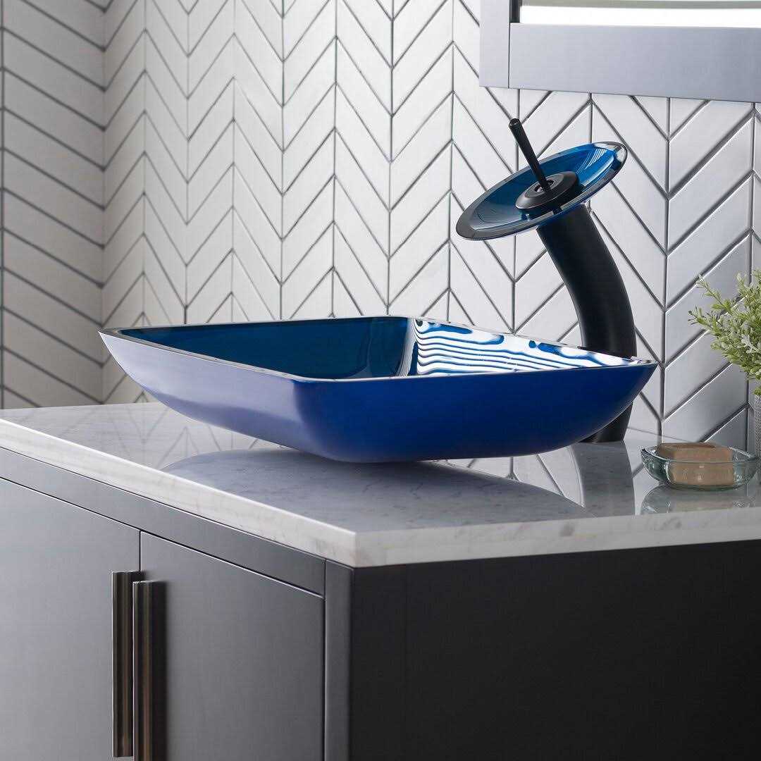 Kraus Rectangular Glass Vessel Sink with Waterfall Faucet C-GVR-210-RE-10 - Cheap Fitting