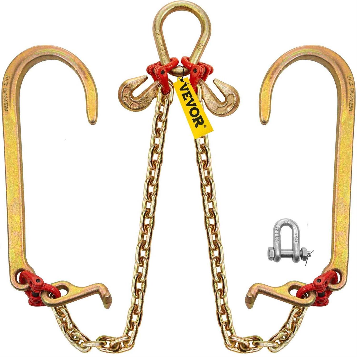 VEVOR V Bridle Chain, 5/16 in x 2 ft Bridle Tow Chain, Grade 80 V-Bridle Transport Chain, 9260 Lbs Break Strength with TJ Hooks and Crab Hooks - Cheap Fitting