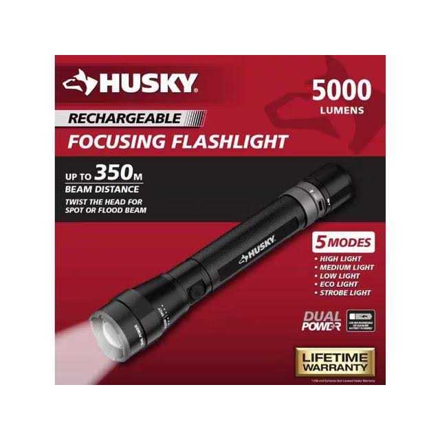 Husky 5000 Lumens Dual Power LED Rechargeable Focusing Flashlight with Rechargeable Battery and USB-C Cable Included - Cheap Fitting
