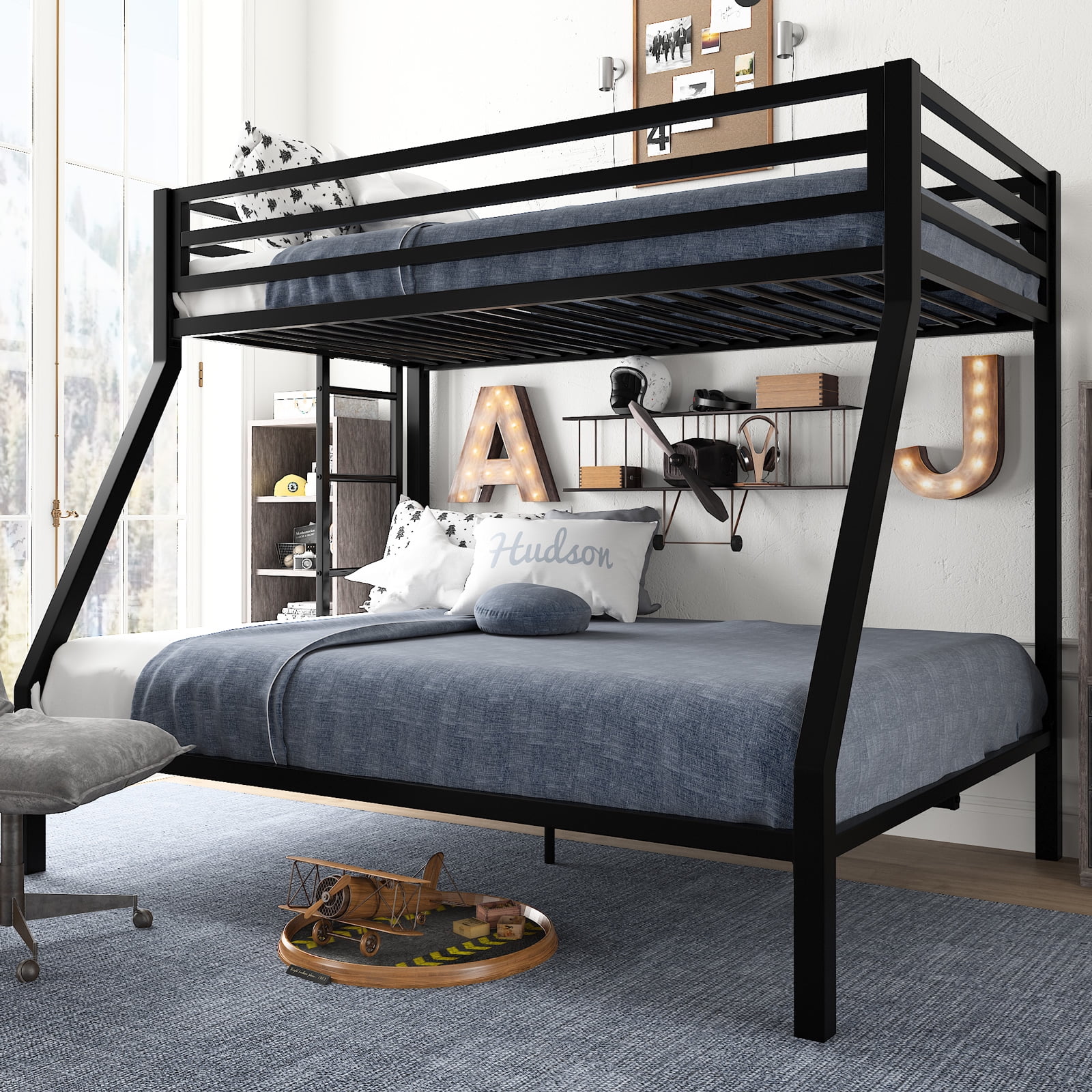 Amolife Twin Over Full Metal Bunk Bed with Removable Stairs, Fullength Guardrail, Black - Cheap Fitting