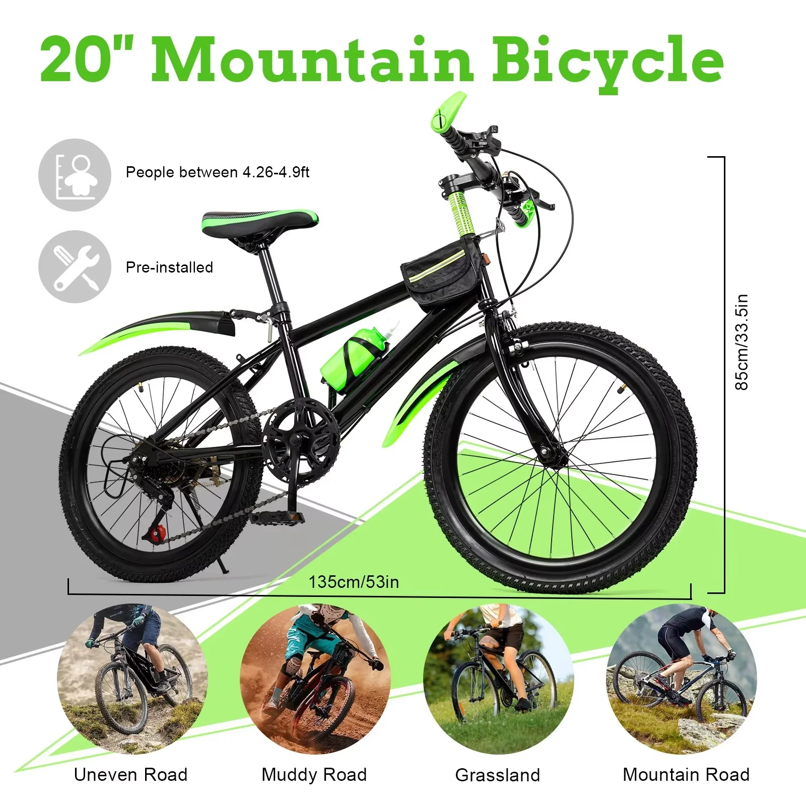 TFCFL Kids Bike 20 in Child Mountain Bike 7 Speeds High Carbon Steel Bicycle City Bike - Cheap Fitting