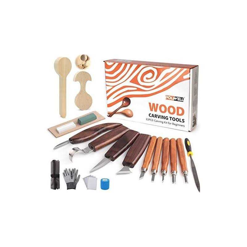POLIWELL Wood Carving Kit 22PCS Wood Carving Tools Hand Carving Knife Set with Anti-Slip Cut-Resistant Gloves Needle File Wood Spoon Carving Kit for Beginner - Cheap Fitting