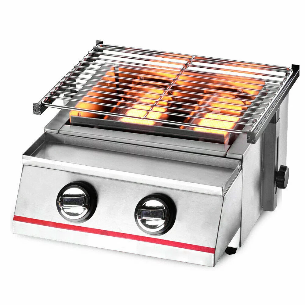 2 Burners Portable BBQ Table Top Camping Gas Smokeless Grill Stainless Steel - Cheap Fitting