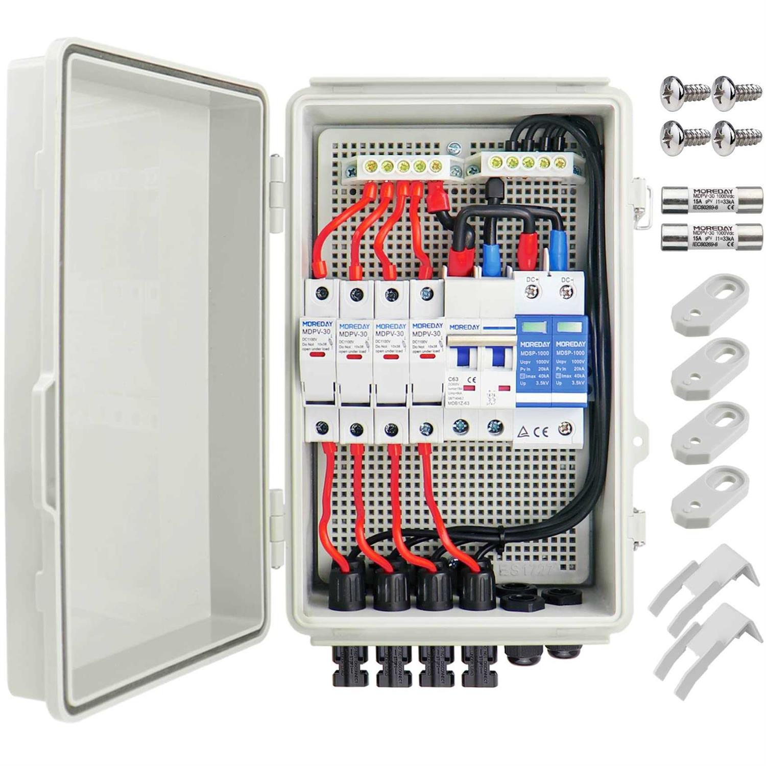 4 String Solar Combiner Box PV Combiner Box with Lightning Arreste, 63A Circuit Breakers and 15A Rated Current Fuse for On/Off Grid Solar Power - Cheap Fitting