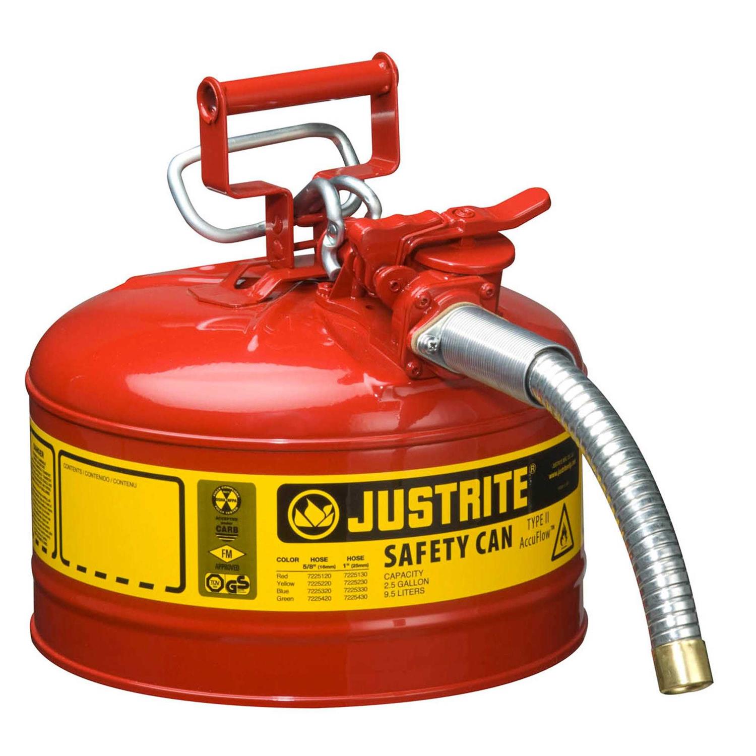 Justrite 7225120 Type II AccuFlow 2.5 Gallon 5/8 Hose Steel Safety Can - Cheap Fitting