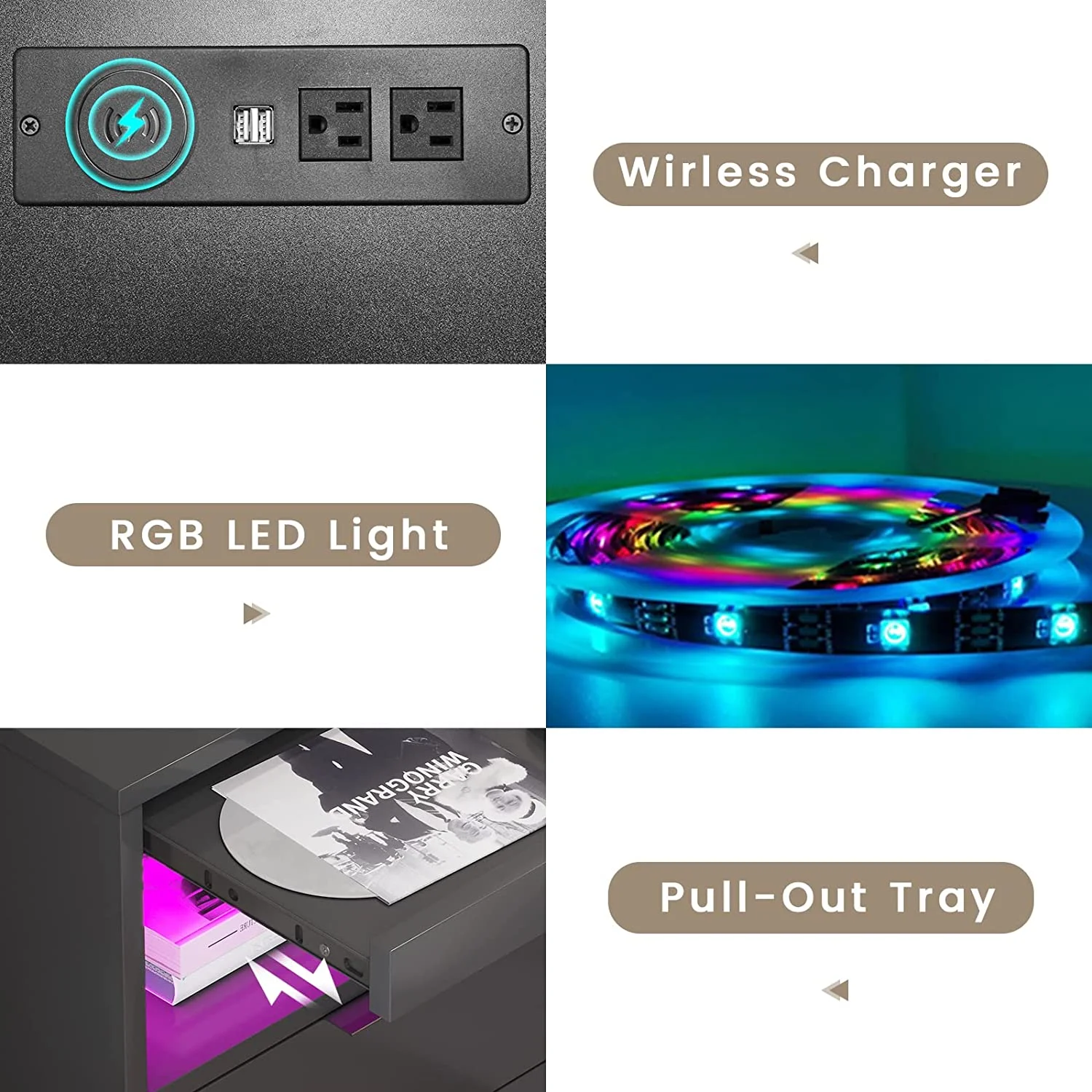 Aunfebrco Set of 2 Black LED Nightstand with Wireless Charging Station & 2 Drawers, Modern End Side Table Bedside Table for Bedroom - Cheap Fitting