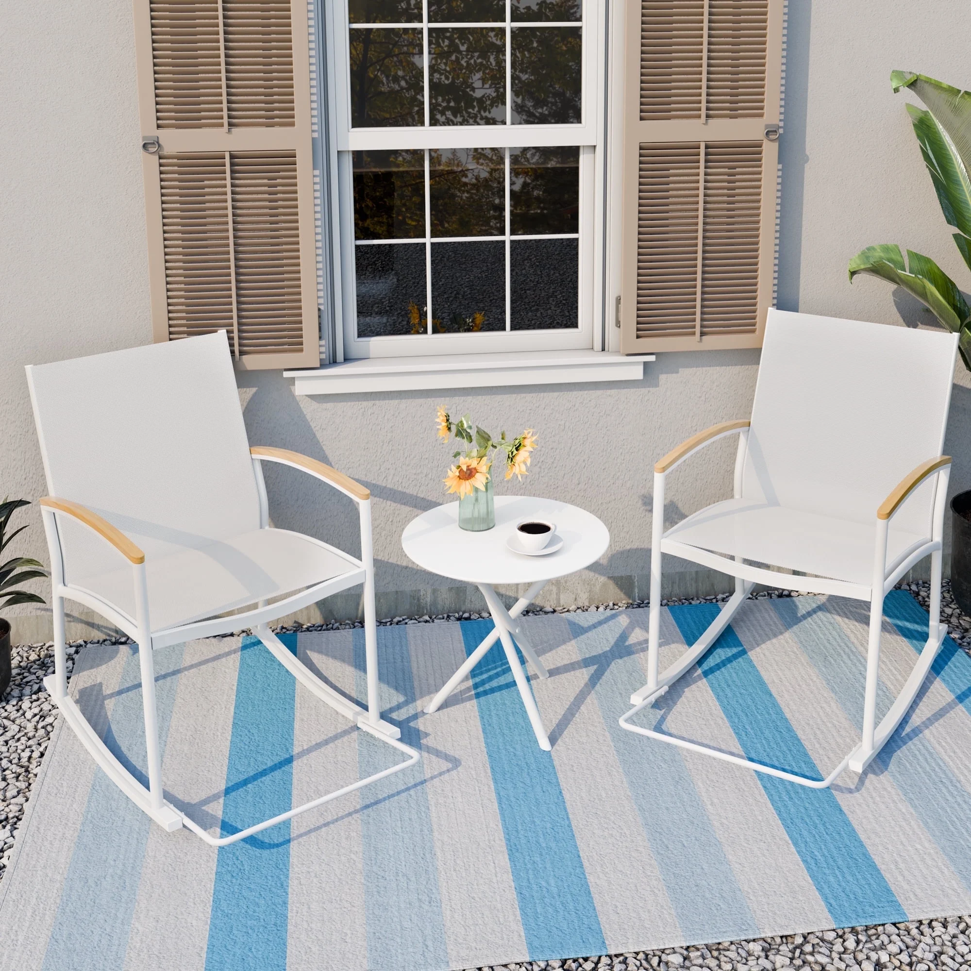 Walsunny 3 Pieces Patio Set Outdoor Patio Furniture Sets Modern Rocking Bistro Set Textilene Chair Conversation Sets Black - Cheap Fitting