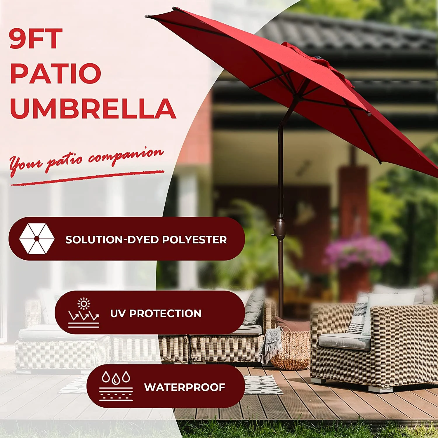 Abba Patio 7.5ft Round Oslo Outdoor Market Umbrella w/ Push Button Tilt, Crank, 6 Ribs-Dark Red - Cheap Fitting