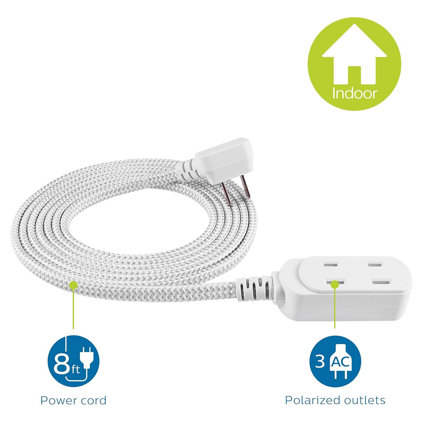 Philips 8′ 3 Outlet Indoor Polarized Extension Cord Gray/White - Cheap Fitting