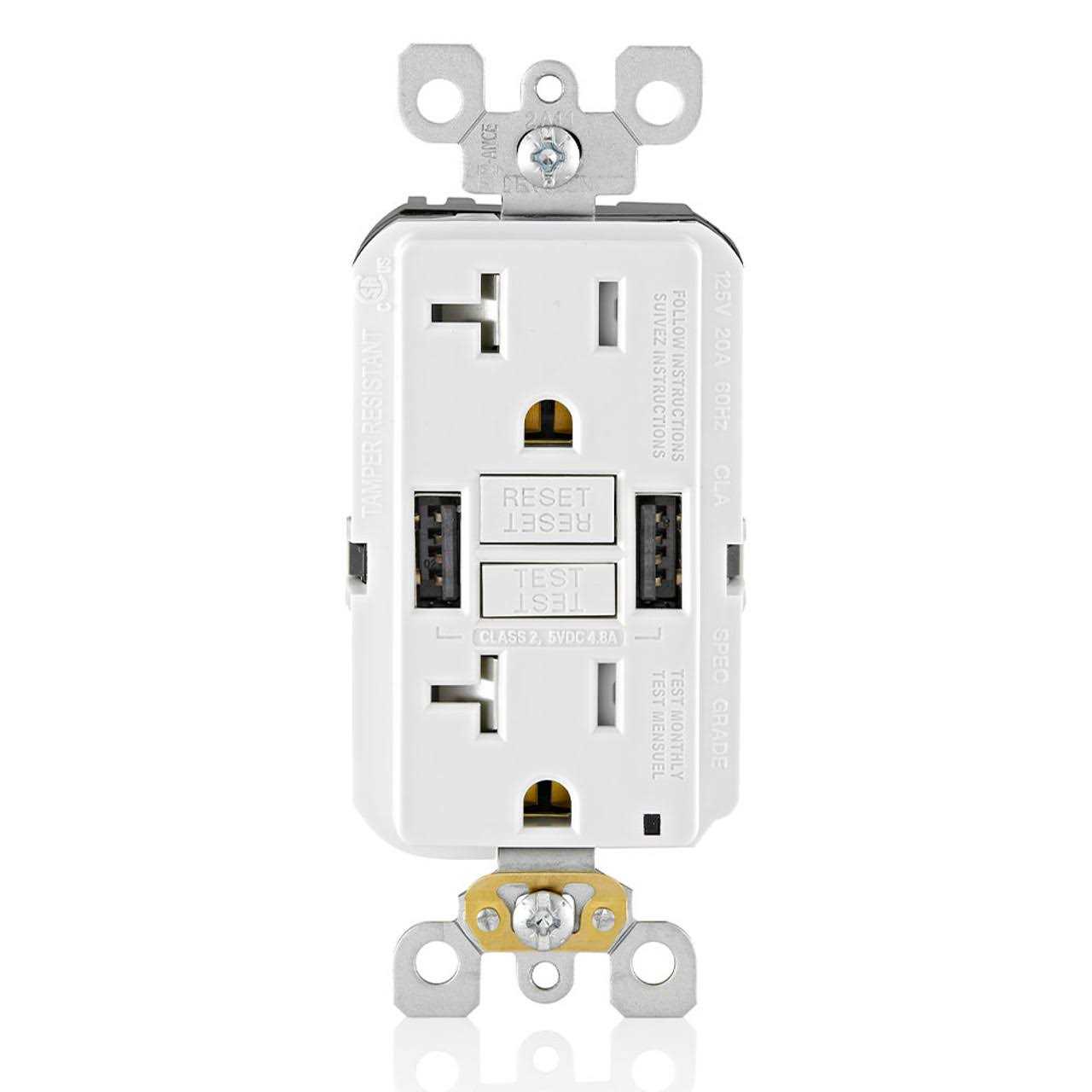 Leviton GUSB2-W 20A SmartlockPro GFCI Combination 24W Type A USB In-Wall Charger Outlet - Cheap Fitting
