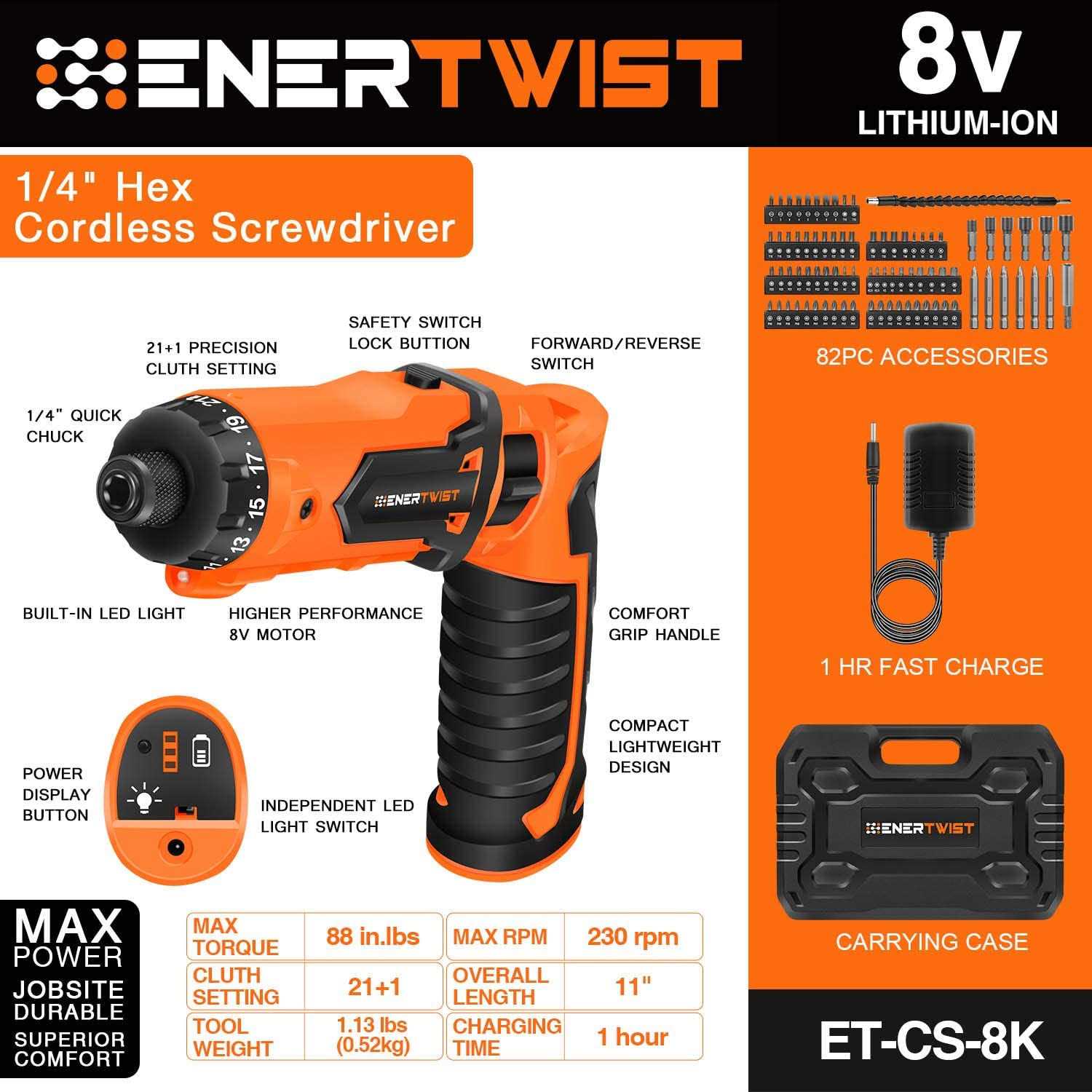 Enertwist Cordless Screwdriver, 8V Max 10Nm Electric Screwdriver Rechargeable Set with 82 Accessory Kit and Charger in Carrying Case - Cheap Fitting
