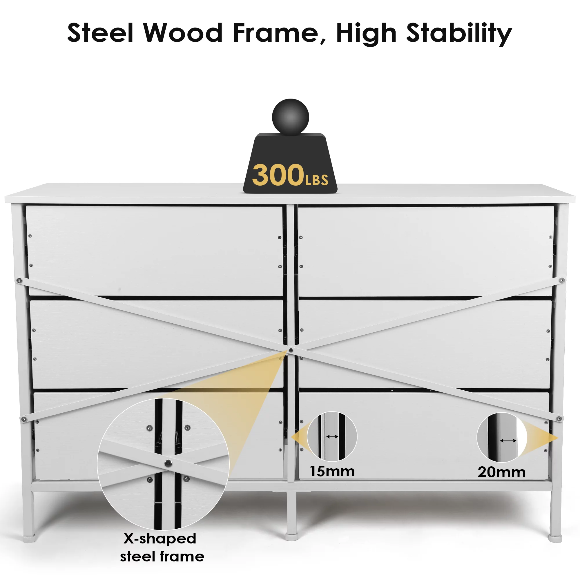 47.3'' Drawer Dresser Chest of 6 Drawers, Storage Dresser Tower for Bedroom, Living Room, Hallway, Nursery, White Storage Cabinet Wooden Dresser with Steel Frame, White - Cheap Fitting