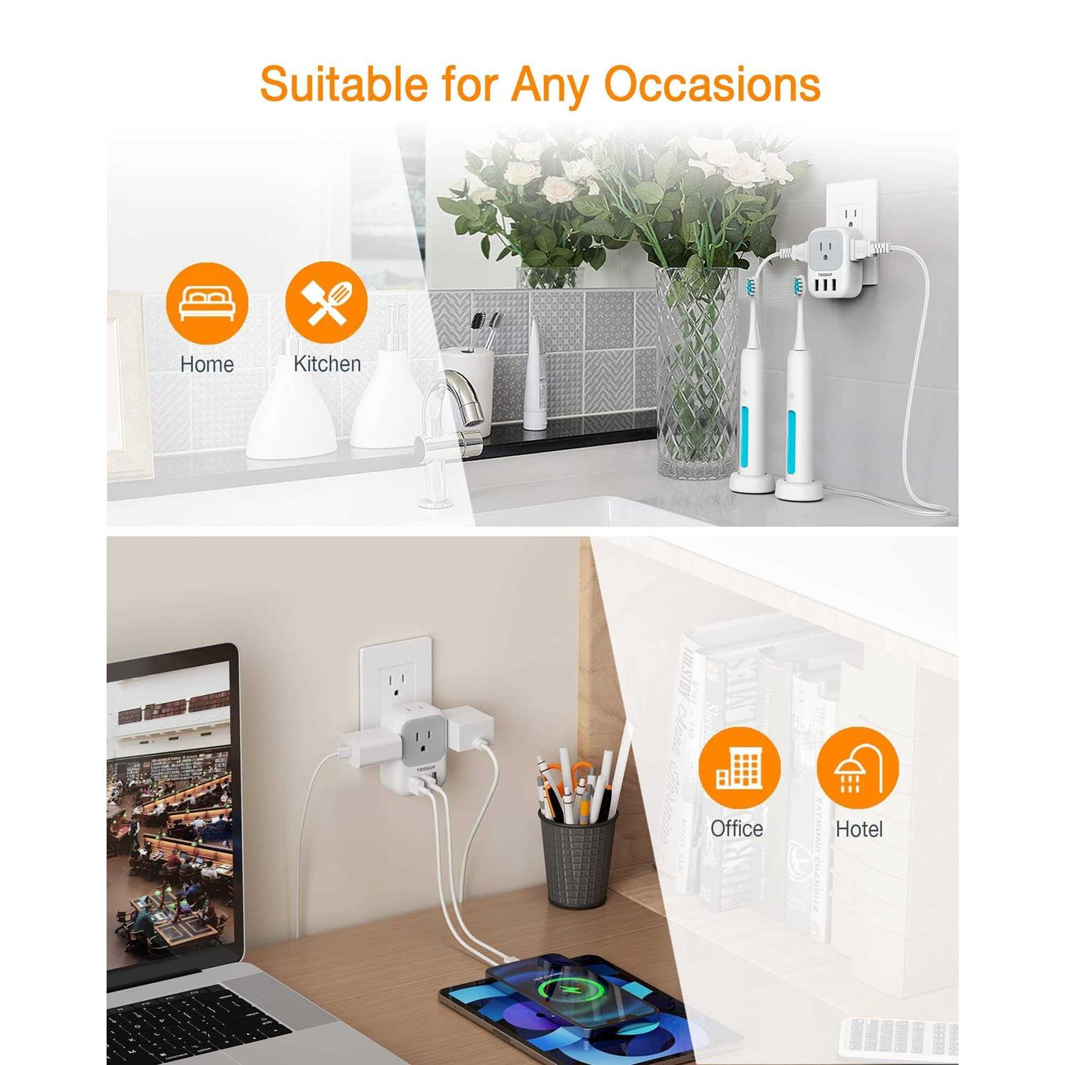 Multi Plug Outlet Extender with USB TESSAN Electrical 4 Box Splitter 3 USB Wall Charger - Cheap Fitting